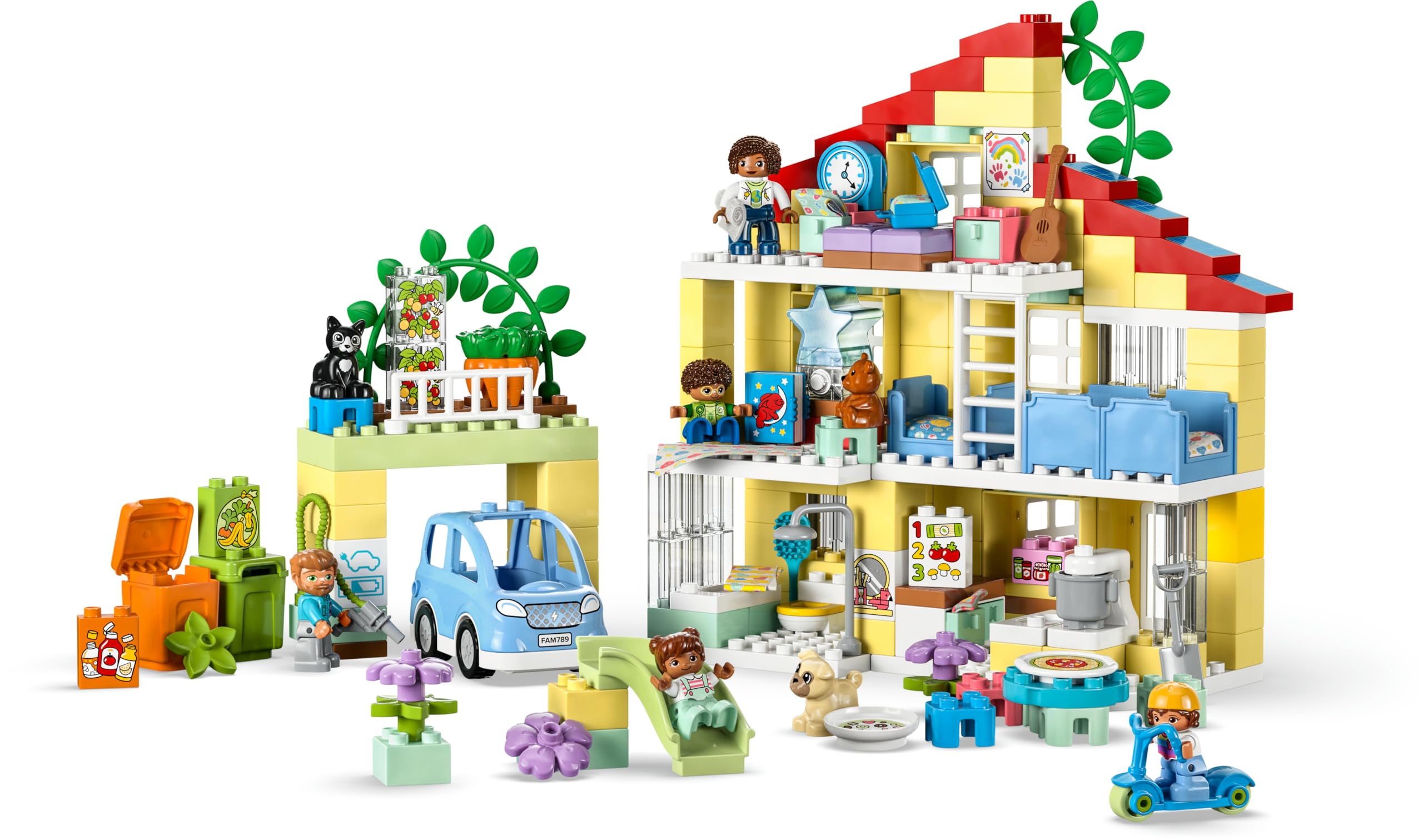 LEGO 10994 DUPLO 3-in-1-Familienhaus, Puppenhaus aus Bausteinen mit Push&Go Auto, 5 Figuren, 2 Tieren und Spielzeug-Lampe, Spielhaus Geschenk für Kleinkinder, Mädchen und Jungen ab 3 Jahren