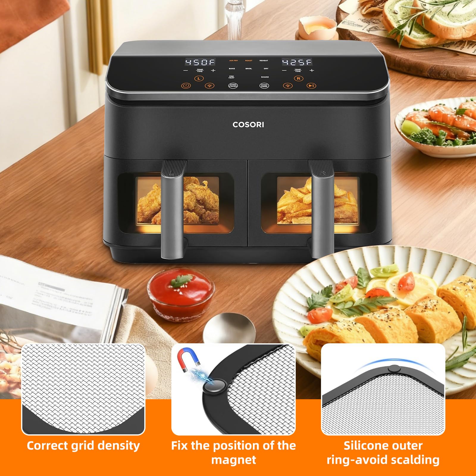 Roestvrijstalen vetspatbescherming, fijnmazig vet, spatbescherming voor Cosori Airfryer 8,5 l / Dual Blaze TwinFry 10 l, accessoires voor heteluchtfriteuse met siliconen buitenkant voor CAF-R901-AEU