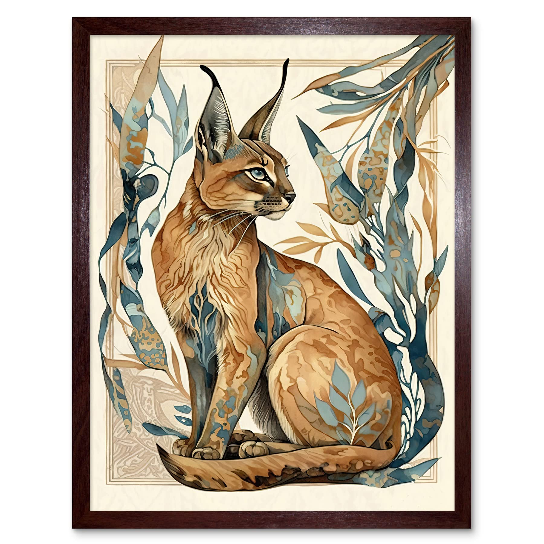 Artery8 Caracal Cat with Teal Plants Modern Art Nouveau Watercolour Illustration Art Print Framed Poster Wall Decor 12x16 inch