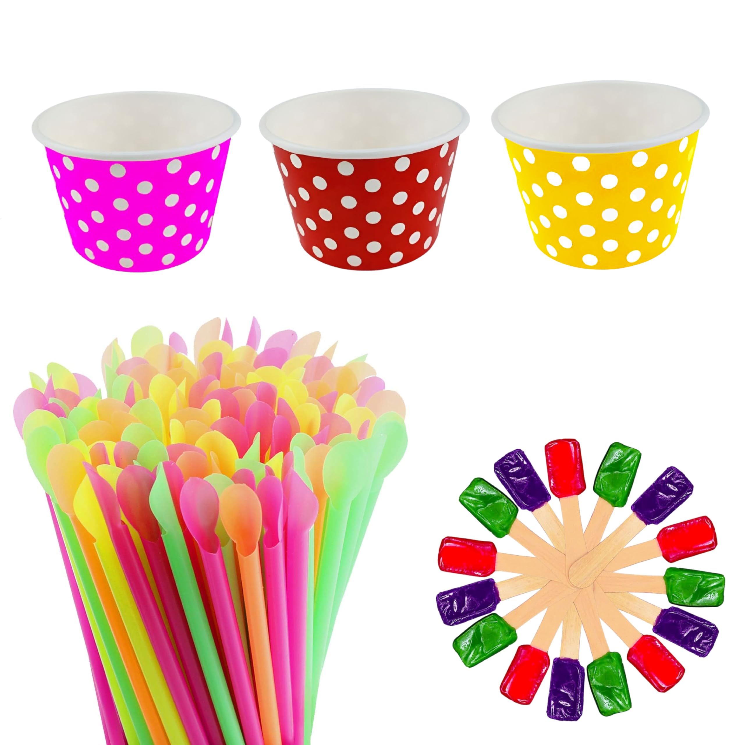 Concession Essentials 105 Piece Multi-Colored Snow Cone/Shaved Ice Kit - Includes 30 Polka Dot Cups (12oz - 10 Red, 10 Yellow, 10 Pink), 25 Candy Spoons, 50 Neon Straws