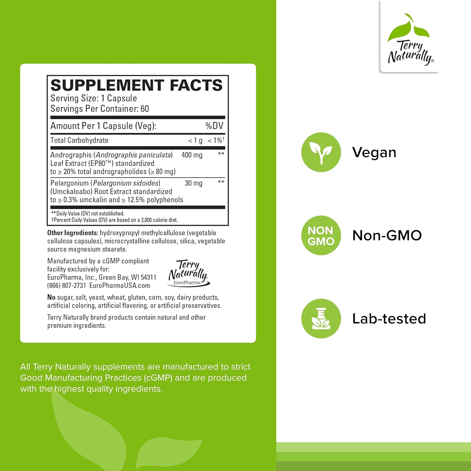 Terry Naturally Andrographis EP80 with Umckaloabo - Sinus Health Support - Supplement to Support Mucus Relief & Respiratory Function - Vegan Capsules to Aid Immune Health - 60 Capsules (60 Servings)