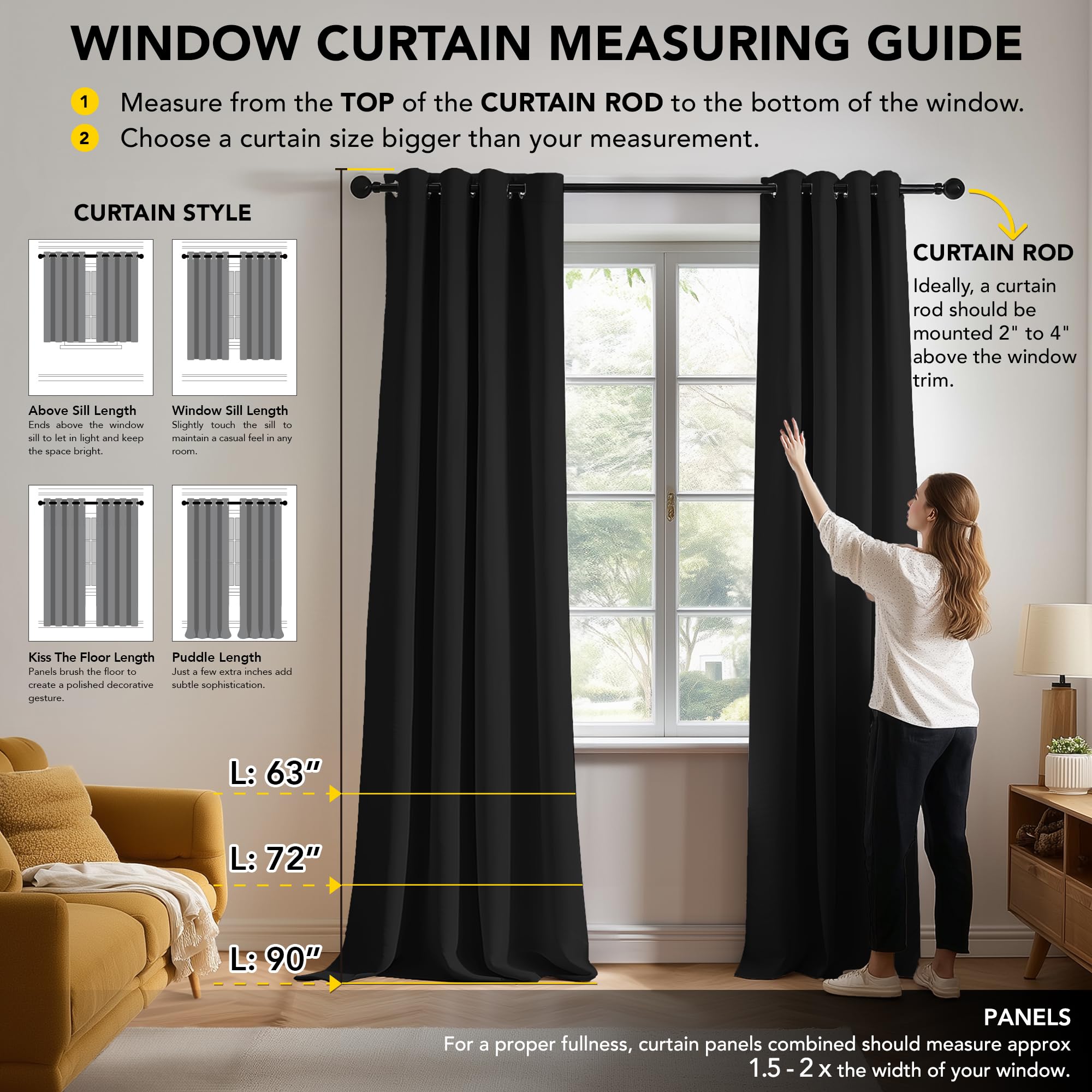 Deconovo Tende Oscuranti per Interni 2 Pezzi 274 CM Altezza, Termiche Isolanti, Anti-Rumore, con Anelli, Ideali per Camera da Letto e Soggiorno, 229x274 CM, Nero