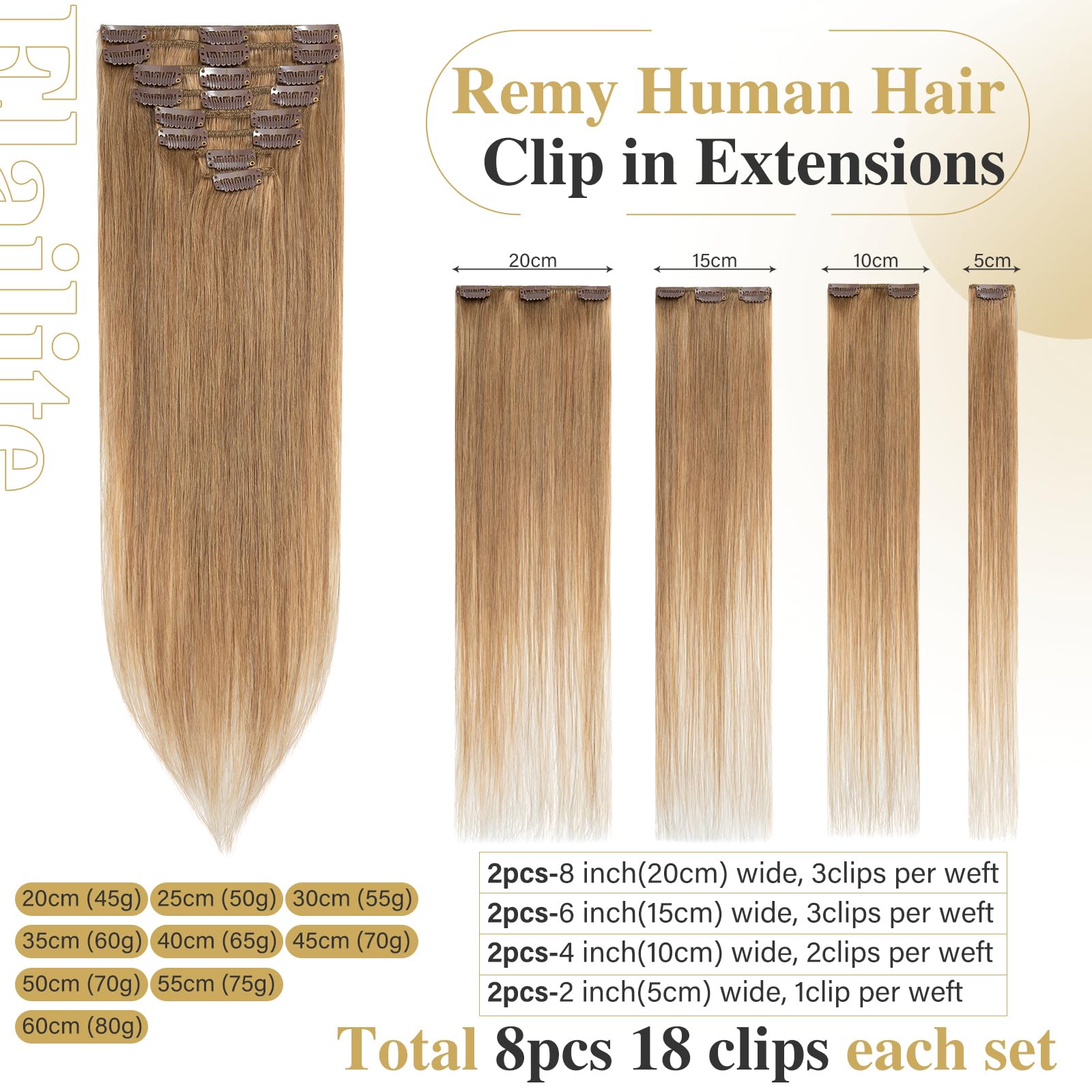 Elailite Echthaar Clip in Extensions 8 Tressen Glatt #27 Dunkelblond, Haarverlängerung Real Human Haar 45cm-70g