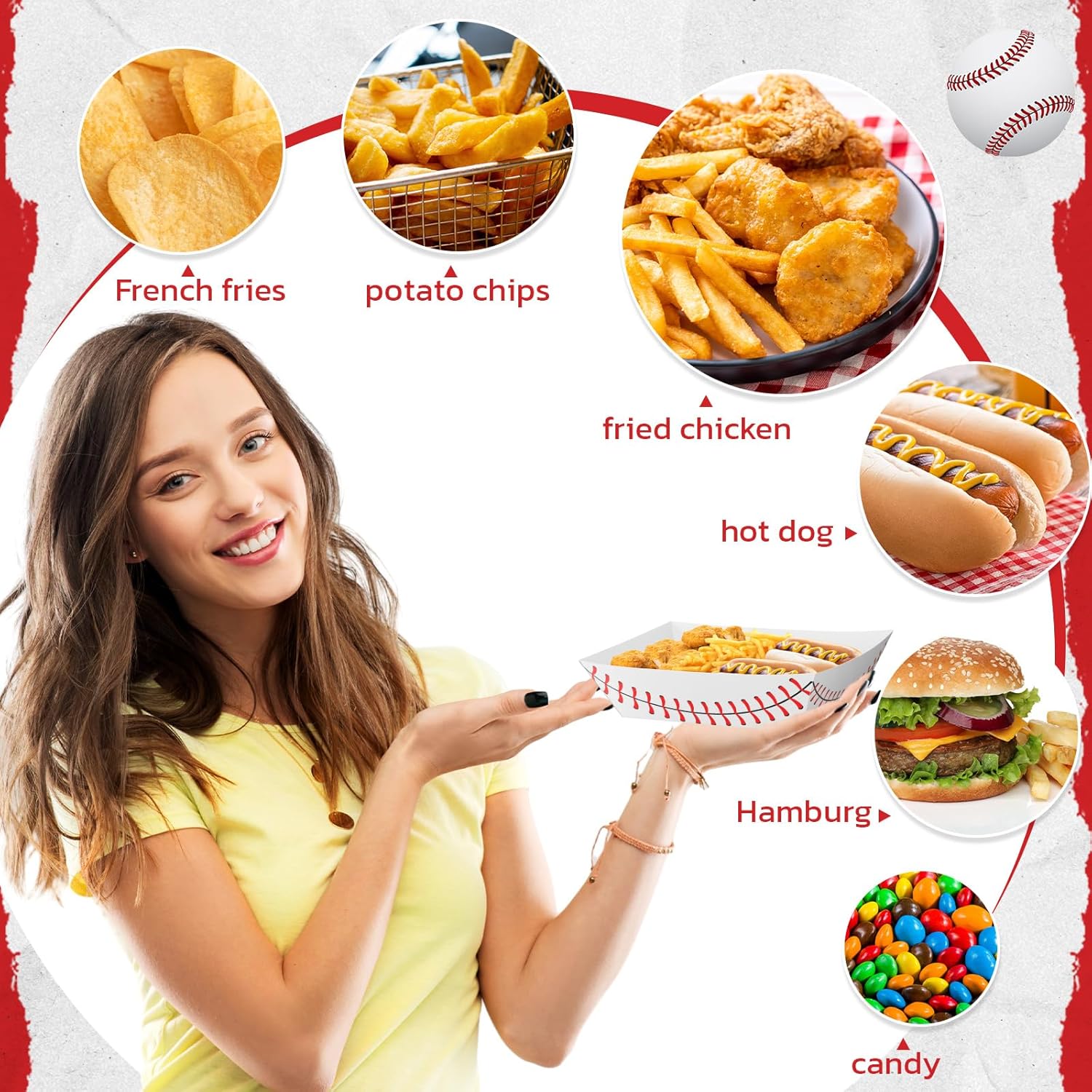 Roshtia 100 Pack Baseball Party Supplies Paper Food Trays Disposable Serving Tray Nacho Food Boats for Baseball Birthday Decorations (3lb)