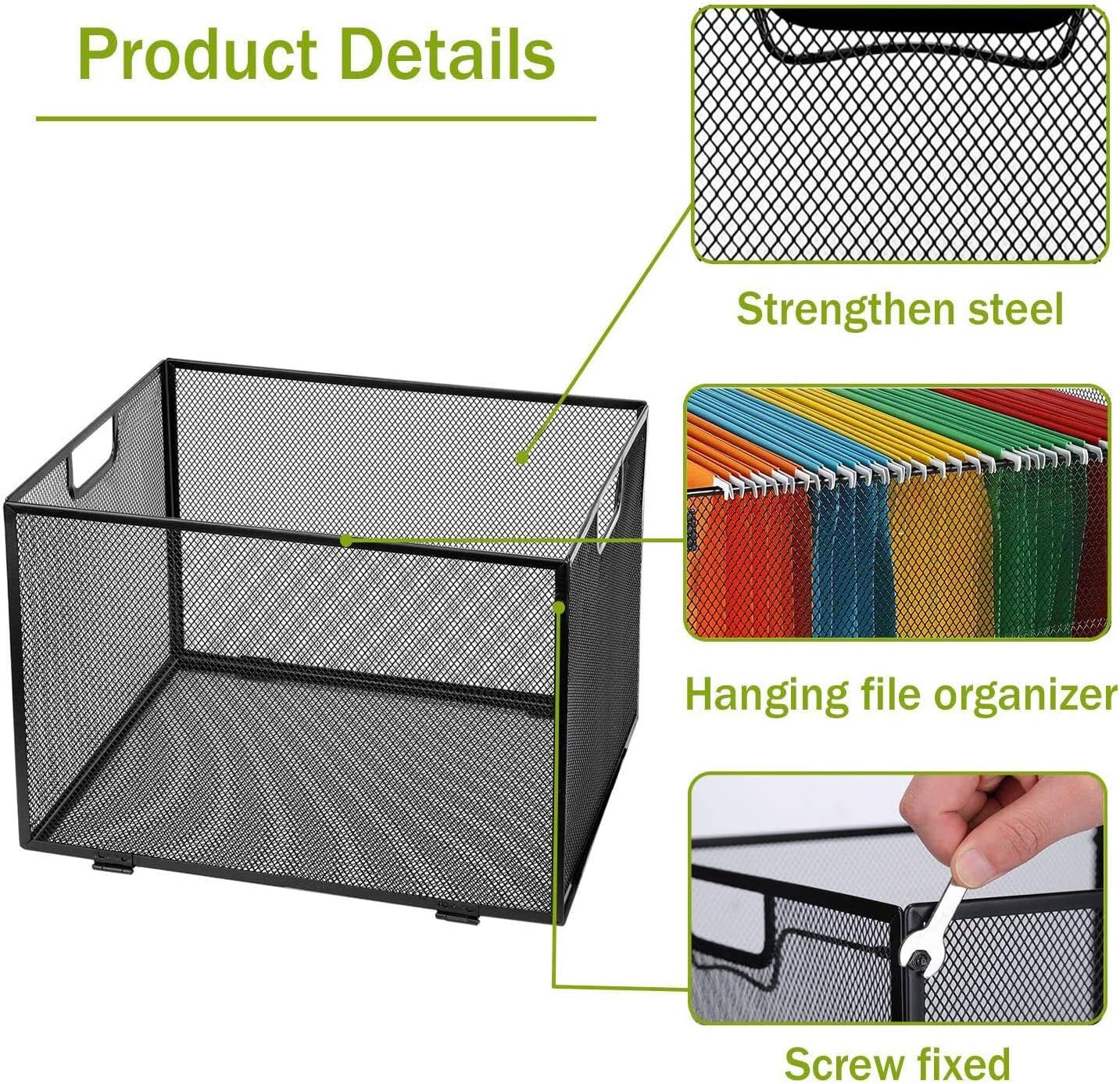 Meshist Mesh Hanging File Folder Box Organizer, Office Metal File Foldable Storage Crate,Letter Size, Black.