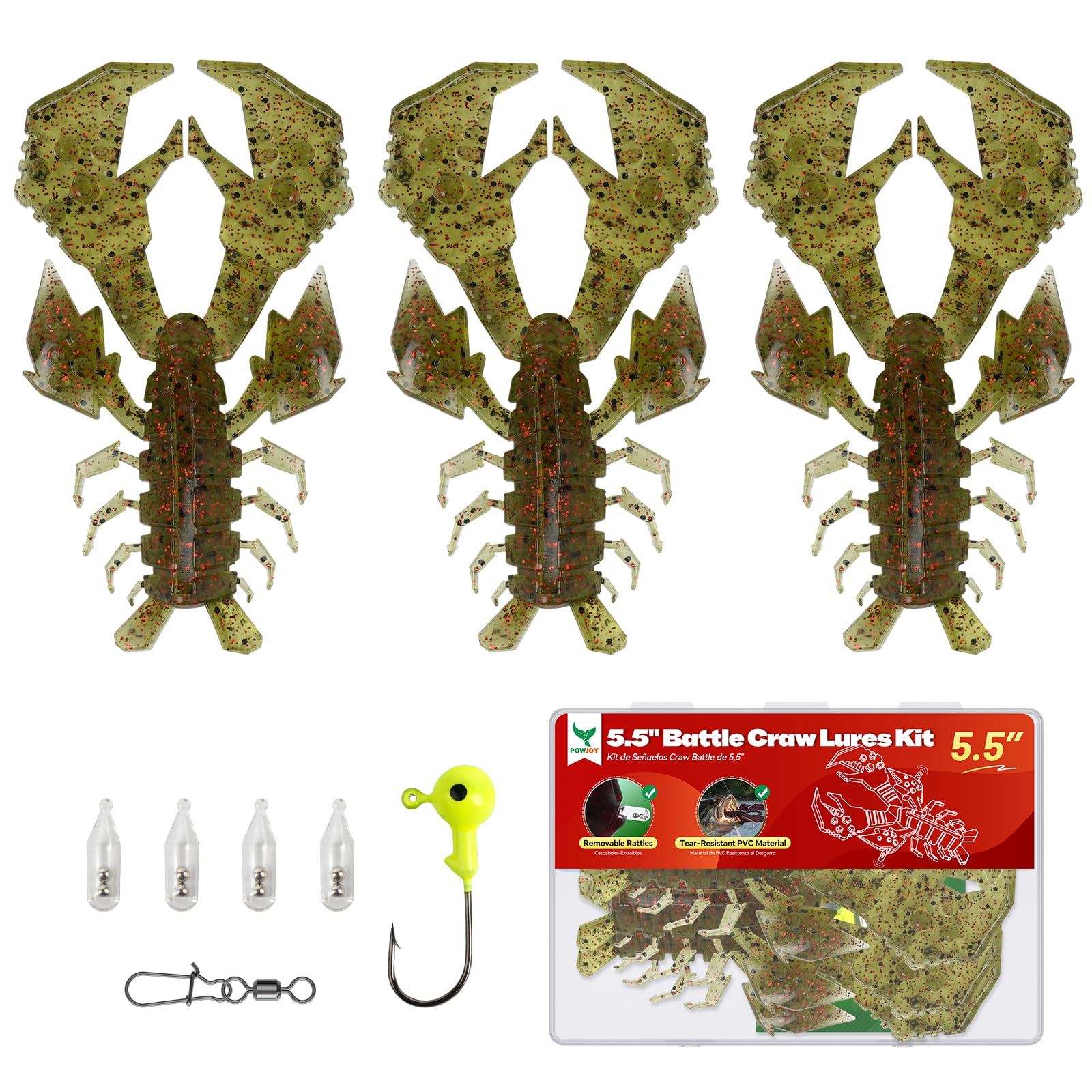 POWJOY 5.5in Green 3Pcs Crawfish Lures Kit