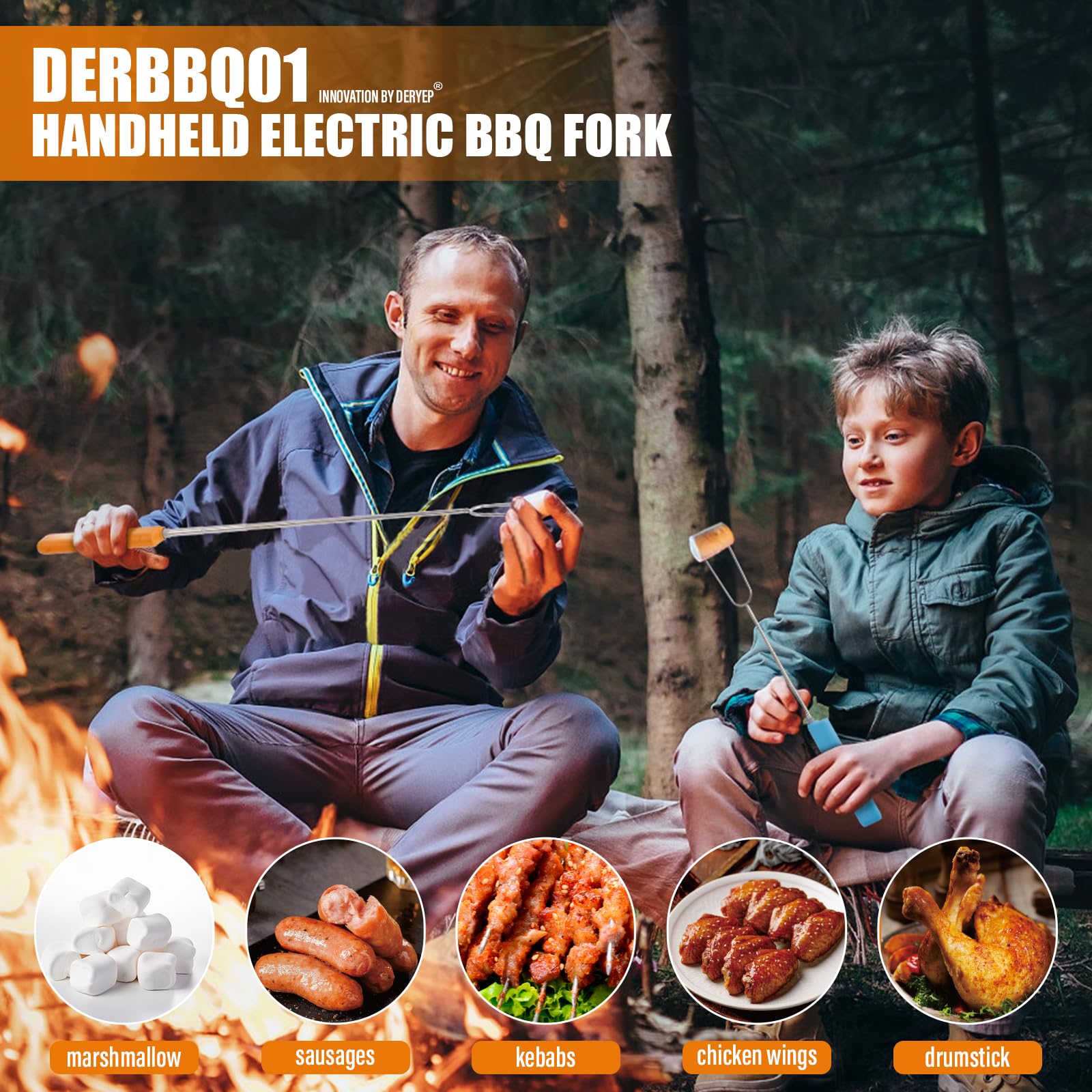 derYEP Electric Roasting Stick, Automatic Rotate BBQ Fork For Fire Pit, Chicken Wings Hotdogs Kebabs S'mores Roaster, Outdoor Camping Kit, Rotisserie Skewer, 34