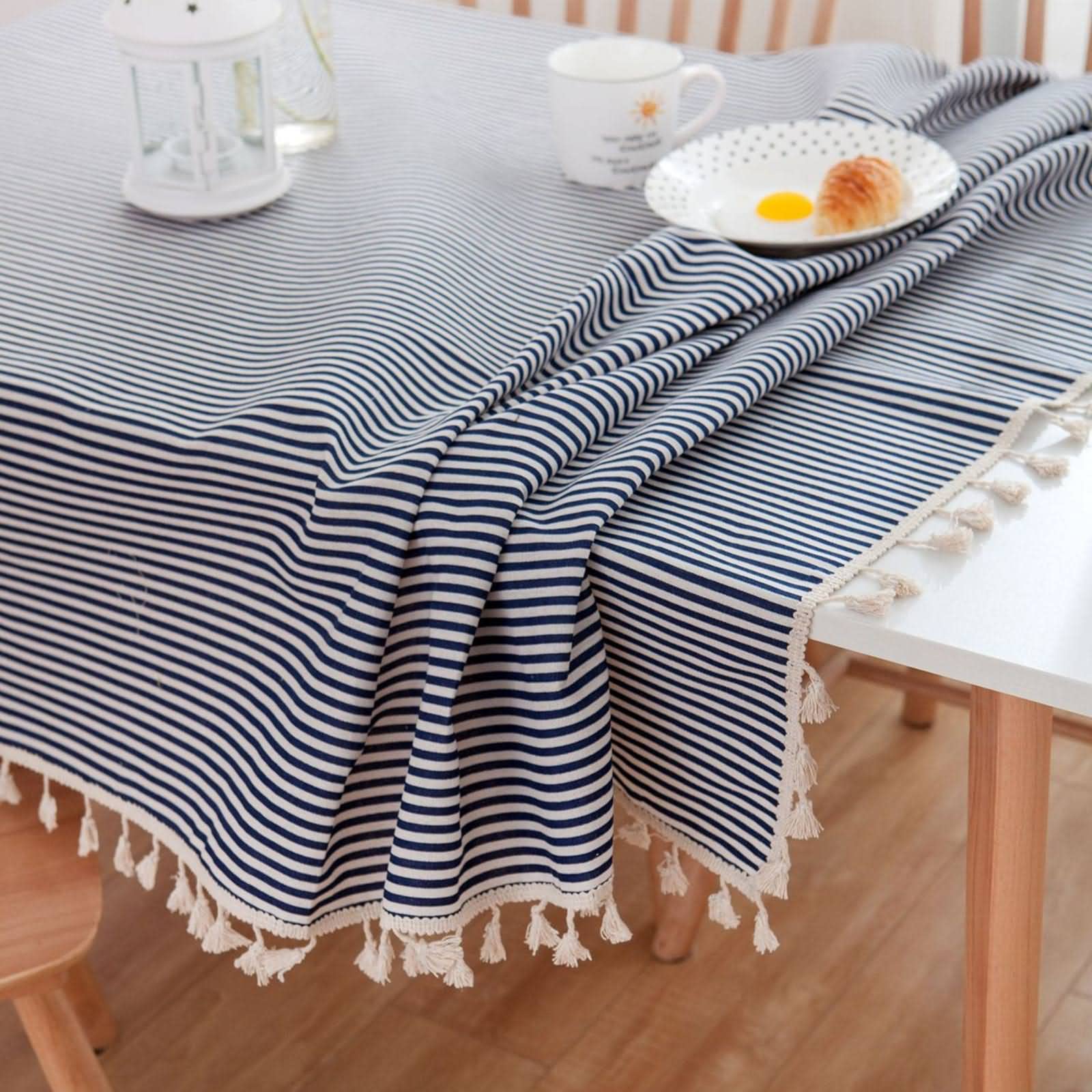 Tovaglia quadrata moderna con strisce blu navy elastico misto cotone lino 140 x 300 cm tovaglia per cucina e sala da pranzo elegante bordo nappa