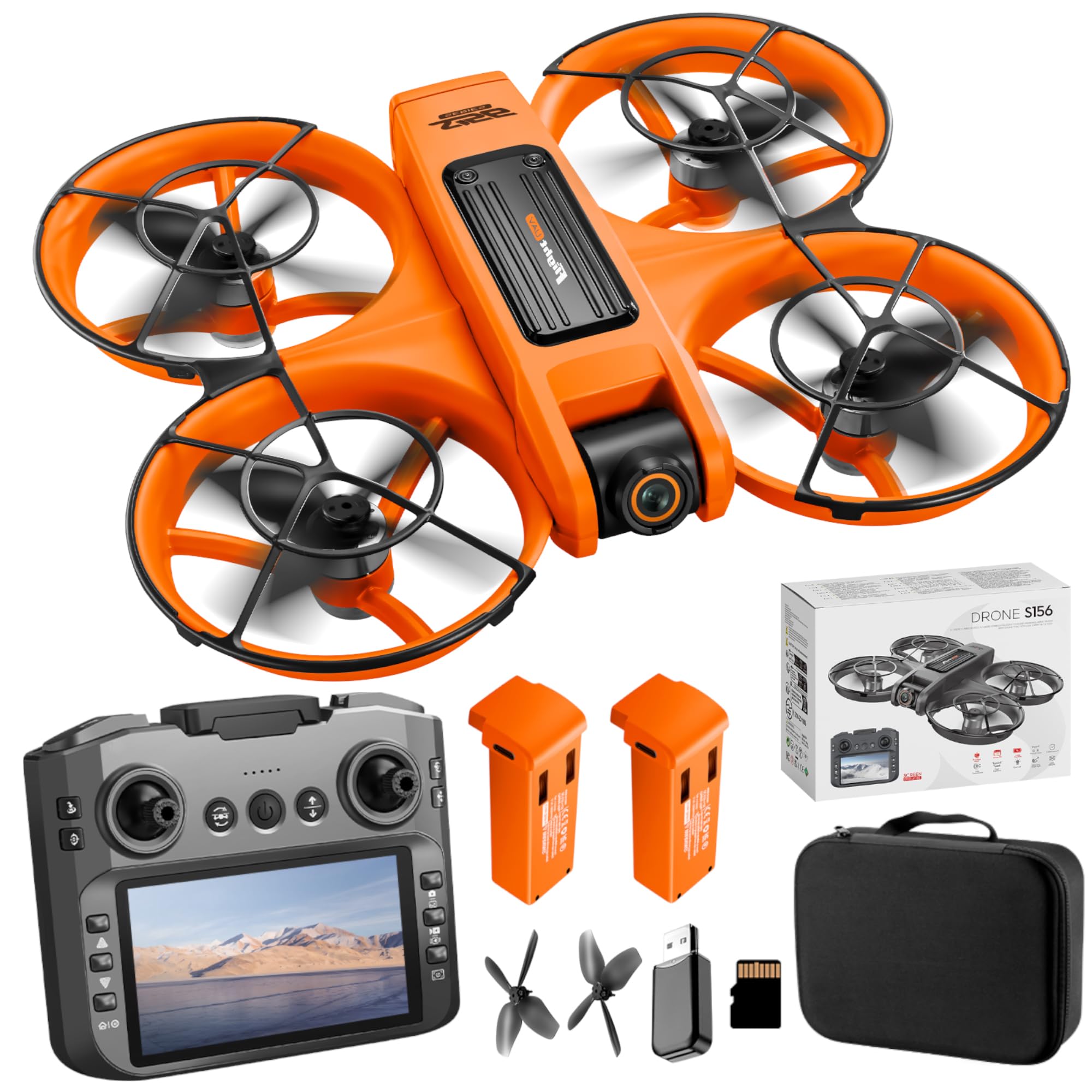 Drohne mit 4,9-Zoll-Bildschirm-Fernbedienung, HD-Dual-Kamera, bürstenlosem Motor, 360° Flips, optischer Flusspositionierung, Ein-Tasten-Start, 2 Batterien und SD-Karte, geeignet für Anfänger