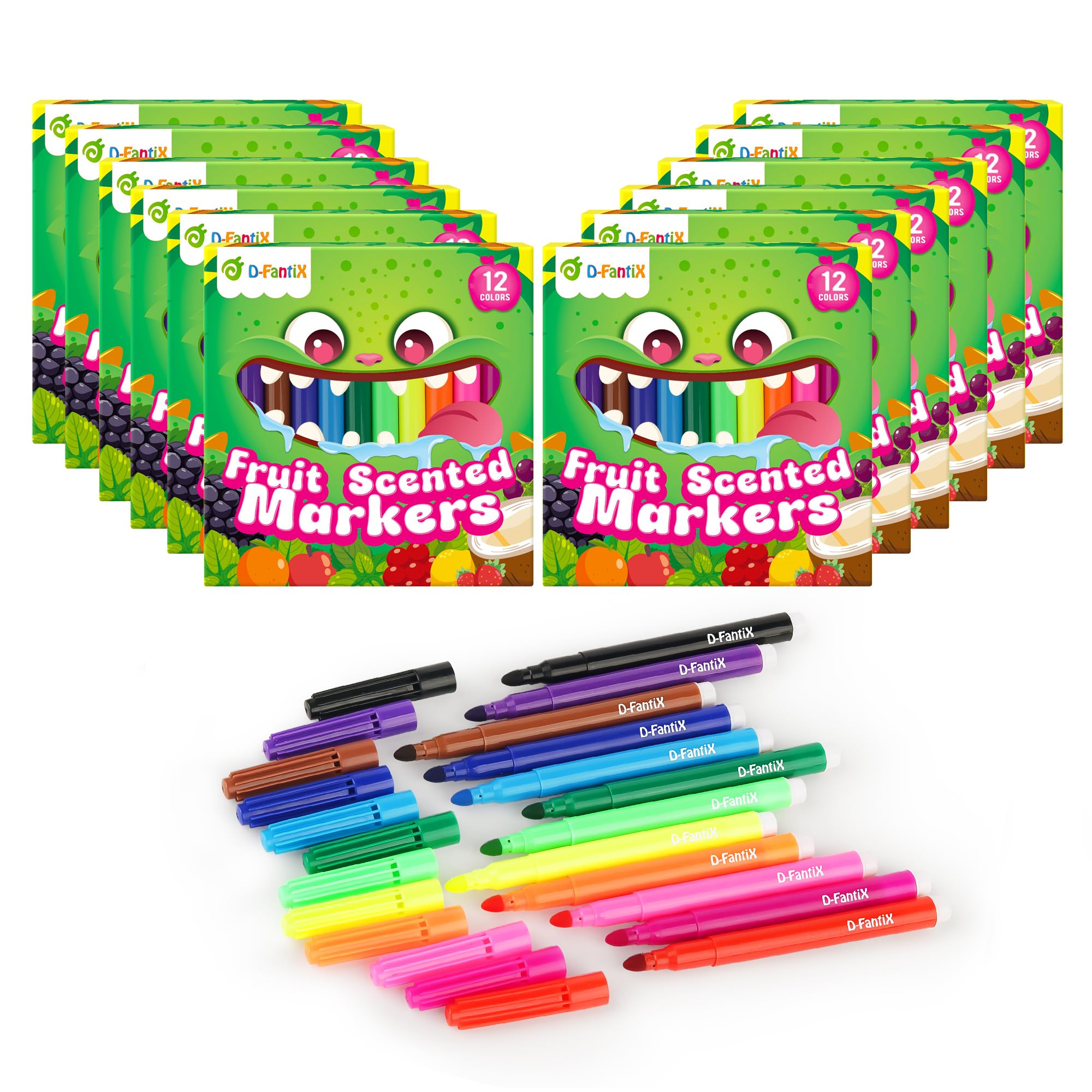 D-FantiX 12 Packs Fruit Scented Washable Markers for Kids Toddlers 144 Count Felt Tip Colouring Pens Set