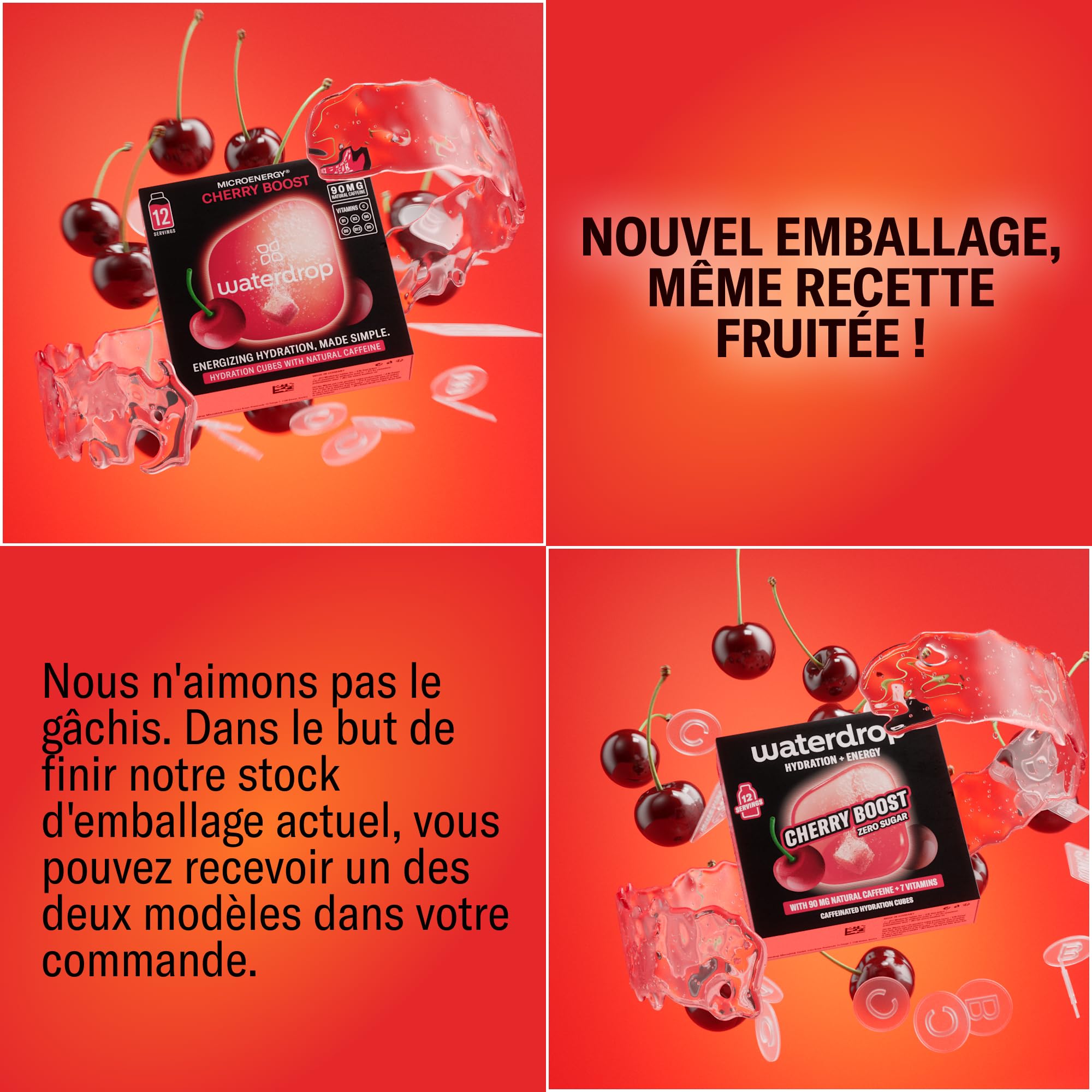 waterdrop® Coffret Microenergy, Boisson Énergisante Sans Sucre, Boisson Gazeuse aux Arômes de Mûre, Mangue et Cerise, 36 Cubes Effervescents avec 90 mg de Caféine Naturelle, Vitamines B et C