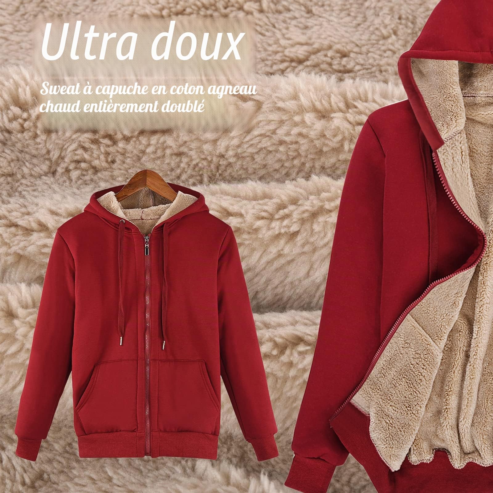 Voqeen Sweat-Shirt à Capuche Doublure Polaire Femme Sweat à Capuche Manteau en Peluche Veste Zippée à Capuche Chaud Zippé Sweat-Shirt Hiver Épais Hoodie Zip Up avec Poches