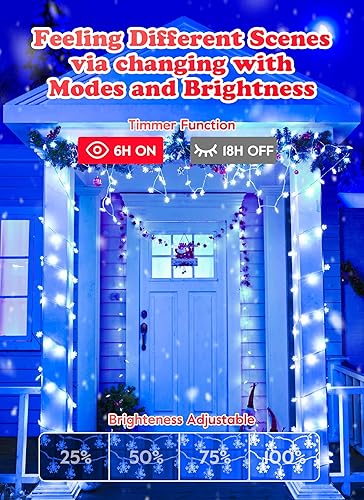 Vista 19 de Paquete de 2 luces de copos de nieve para exteriores, 50 LED de 26 pies, luces navideñas con pilas, 8 modos de iluminación, impermeables, Blanco