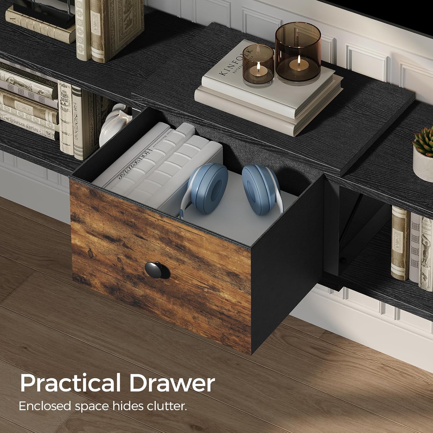 Floating TV Stand with Power Outlet, Wall-Mounted TV Stand with Drawer, Entertainment Center Media Console Shelf for Under TV Storage, Living Room, Bedroom, Black, Rustic Brown TVHR201E01