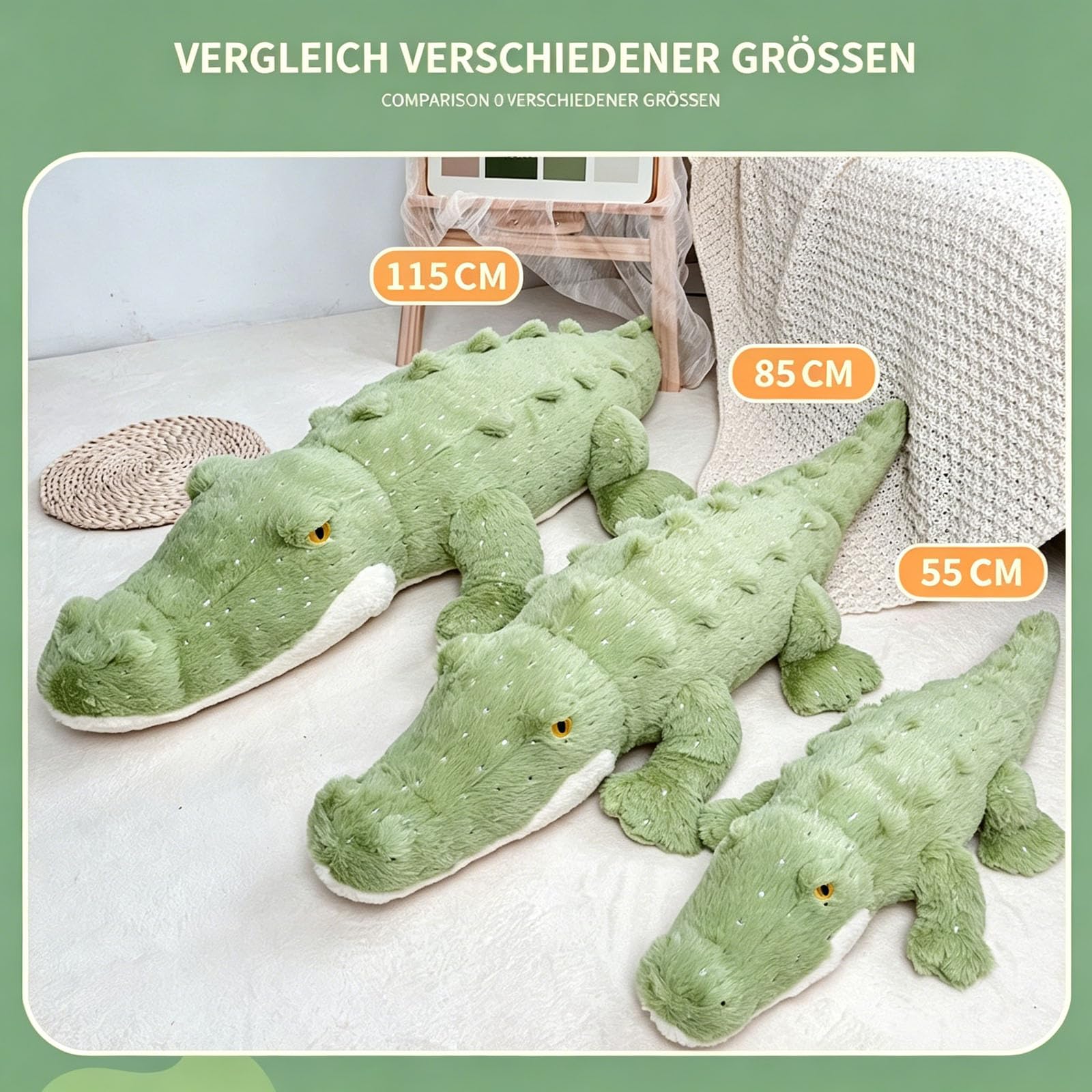 Krokodil Kuscheltier XXL, Groß Krokodil Stofftier Riesen Kuscheltier, Realistische Krokodil-PlüSenspielzeug Kissen, Krokodilkissen Plüschtier, Geschenk für Mädchen Jungen (115cm)
