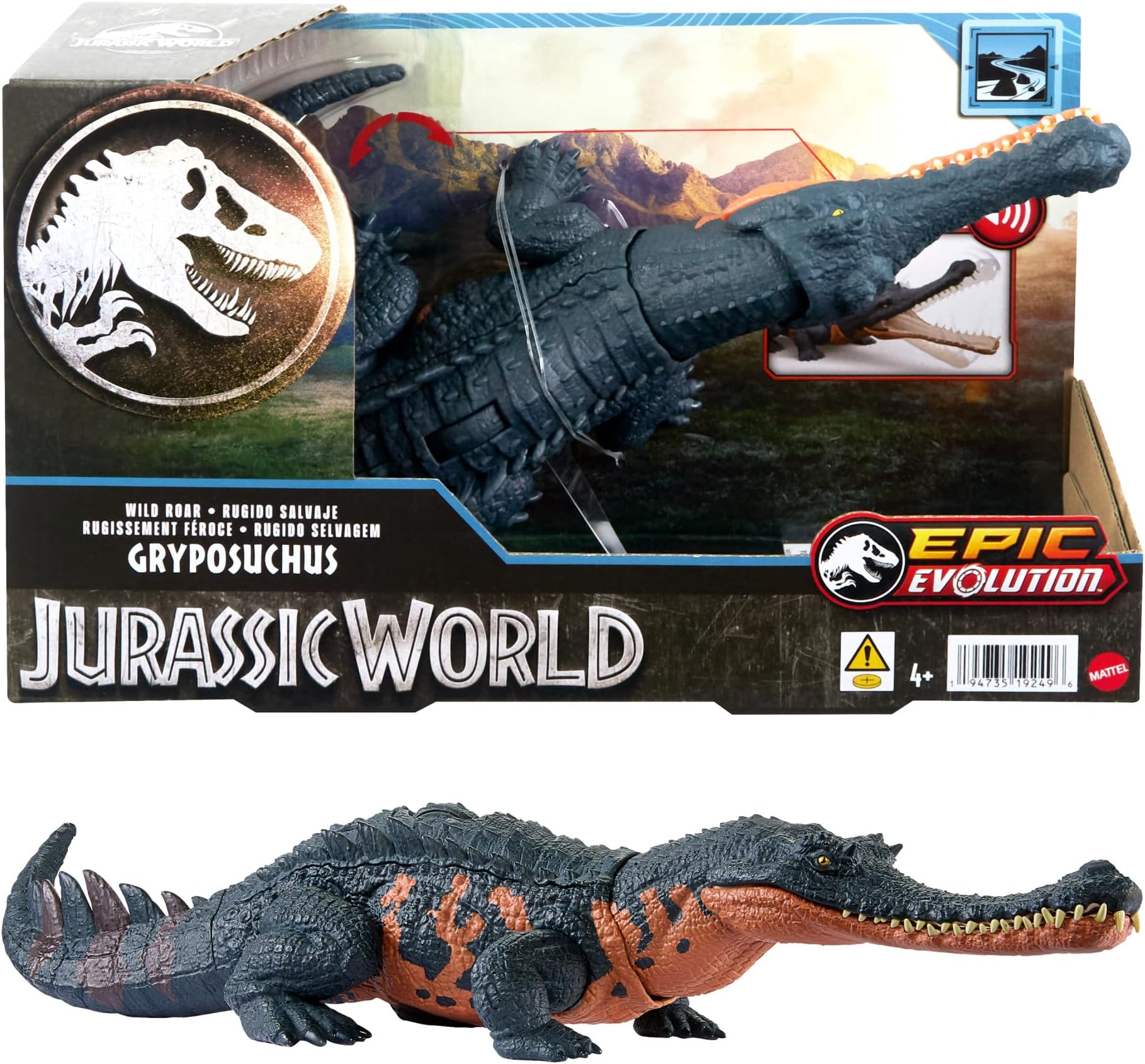 Mattel Jurassic World Wild Roar Gryposuchus Dinosaur Figure with Continuing Roar Sound & Attack Action, Posable Physical Toy & Digital Play, HTK71