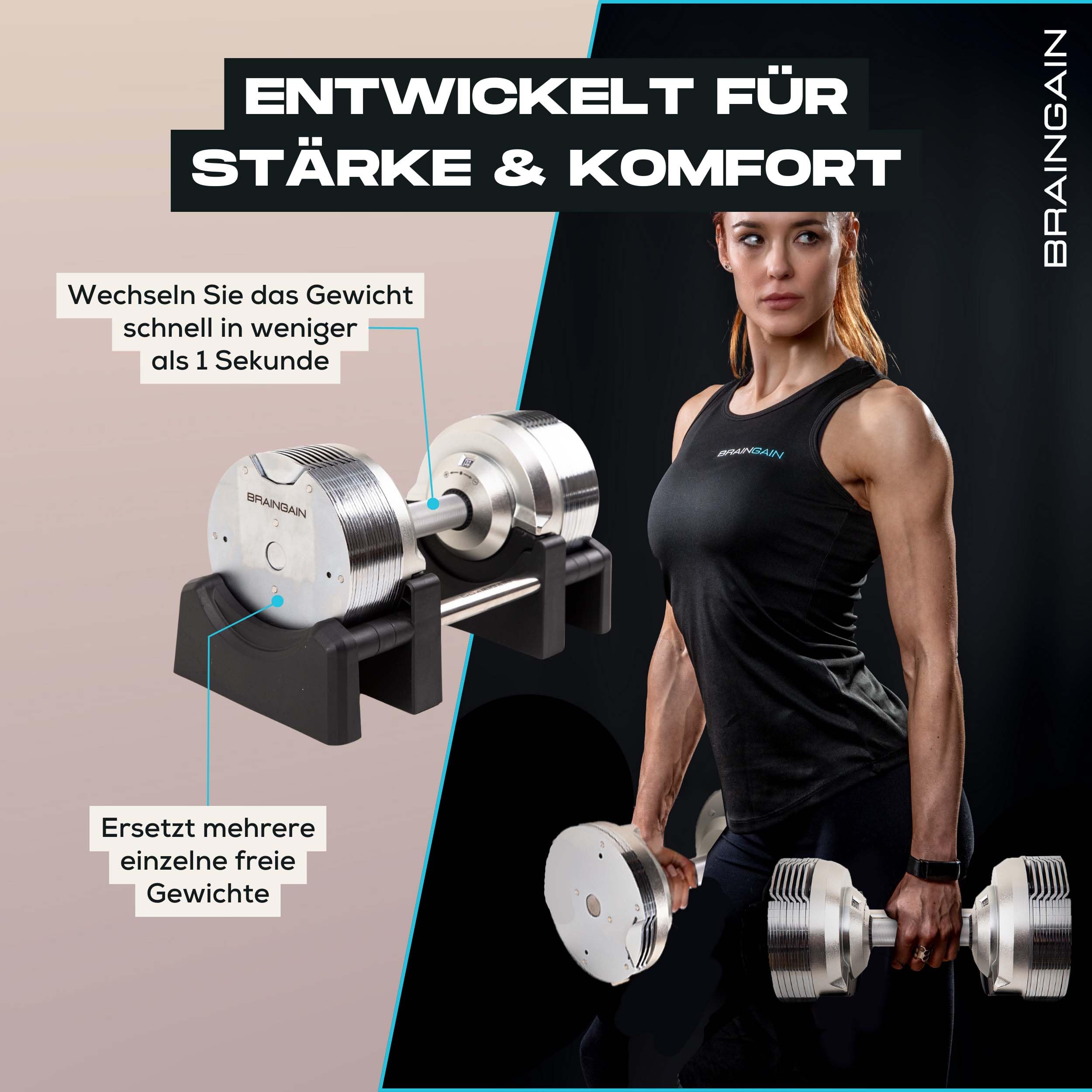 BRAINGAIN Verstellbare Kurzhantel Set 23,5kg / 32,5kg / 41,5kg – Jetzt mit 34mm Gen 4-Griff – Gewichte in 1 Sek wechseln – Platzsparendes Homegym – Mehrere Gewichte in einem – Chrom/Schwarz