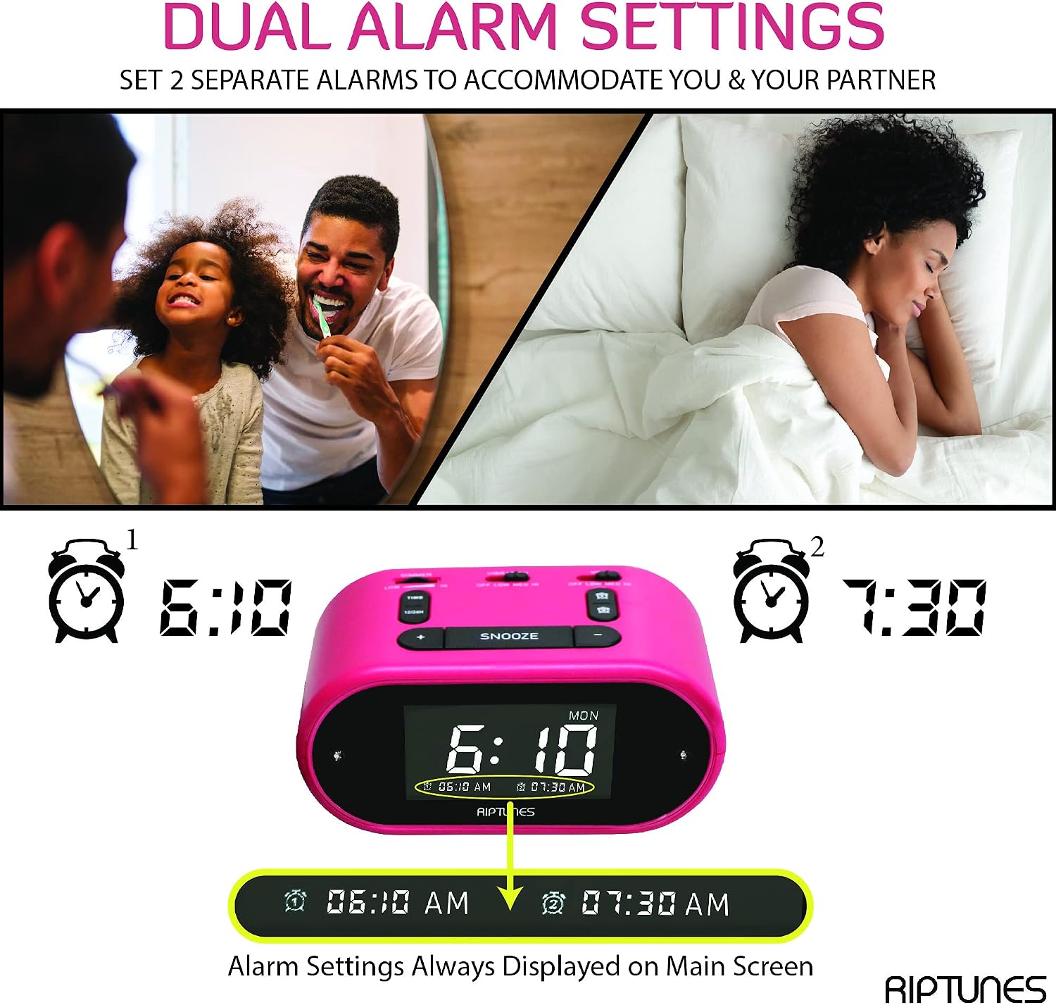 Riptunes Loud Alarm Clock with Bed Shaker for Heavy Sleepers & Hearing Impaired - Dual Alarm for Bedroom Weekday and Weekend Settings USB Charging, Dimmer, Snooze