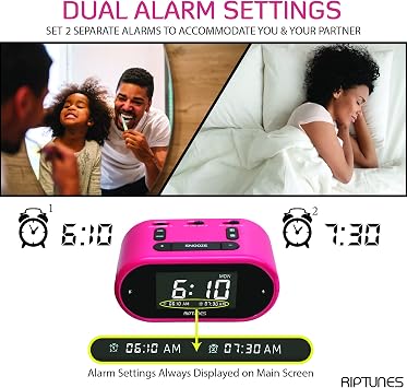 Riptunes Loud Alarm Clock with Bed Shaker for Heavy Sleepers & Hearing Impaired - Dual Alarm for Bedroom Weekday and Weekend Settings USB Charging, Dimmer, Snooze