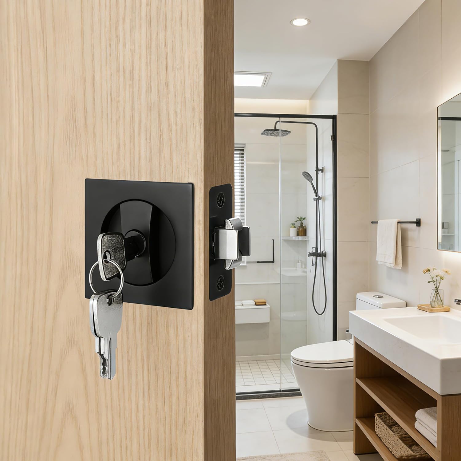 Matte Black Pocket Door Lock with Key, Pocket Door Pull Handle with Lock Square Door Lock for Privacy Sliding Door Bifold Bathroom Door Locks and Pulls Hardware