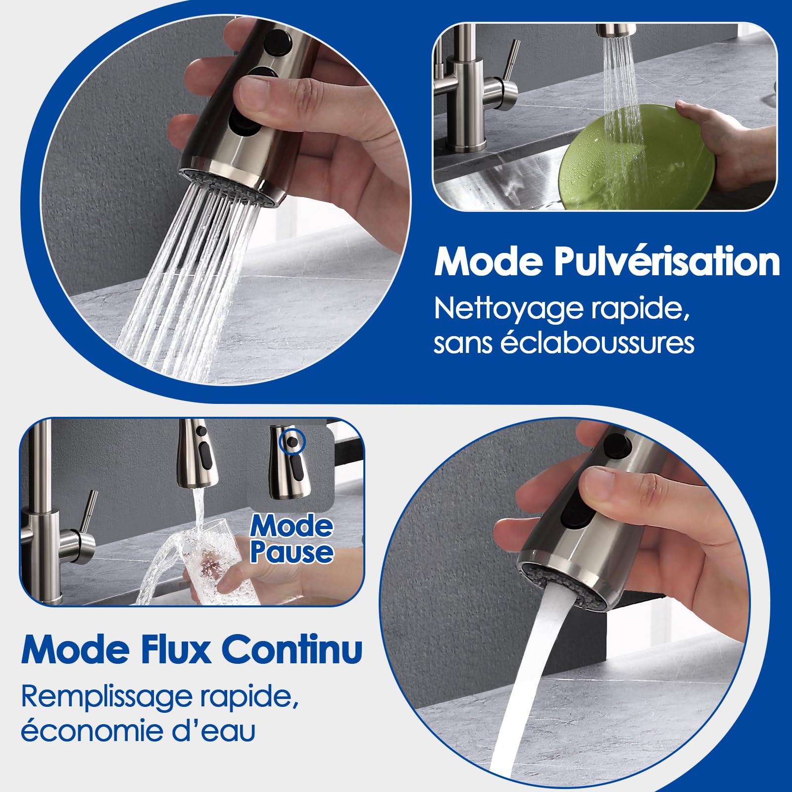 ROVOGO Mitigeur Robinet d'Evier de Cuisine 3 Voies à Eau Filtrée en Acier Inoxydable 304 Brossé, Douchette Extractible à 3 Modes, 2 Manches pour Eau Chaude/Froide/Potable, Bec en C 360° Rotatif