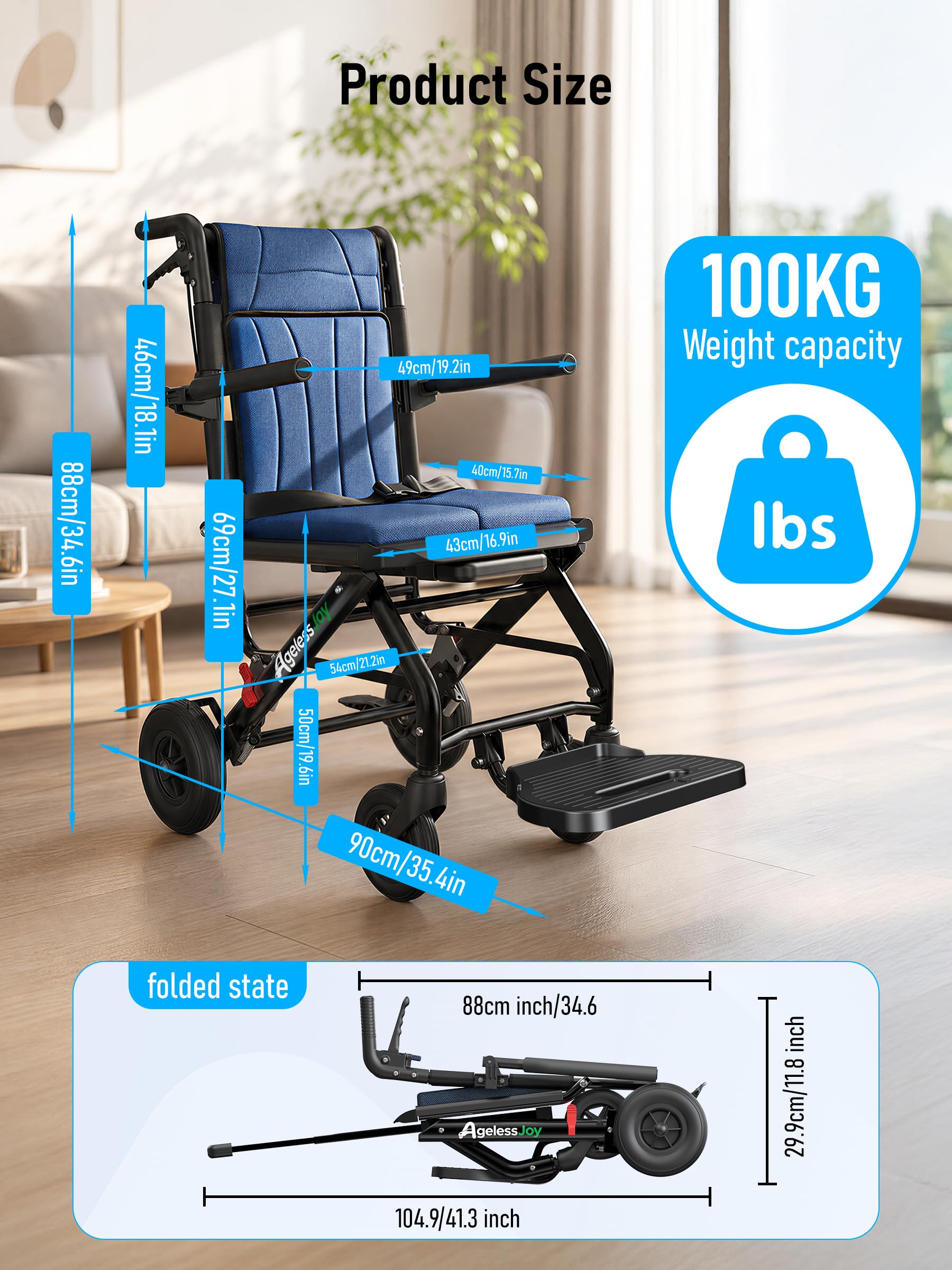 Sedia a Rotelle Pieghevole Leggera per Anziani, Sedia Rotelle da Transito in Alluminio (9kg) con Maniglia Telescopica, Carrozzina per Disabili Stretta da Viaggio e Aereo, Blu