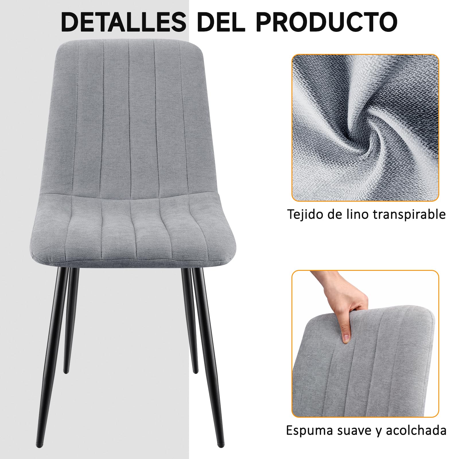 Juego De 6 Sillas De Comedor, Sillas Cocina con Tela De Lino Y Patas De Metal Negro,Silla De Dormitorio,Silla Acolchada,Silla De SalóN,Sillas Comedor Modernas-Gray