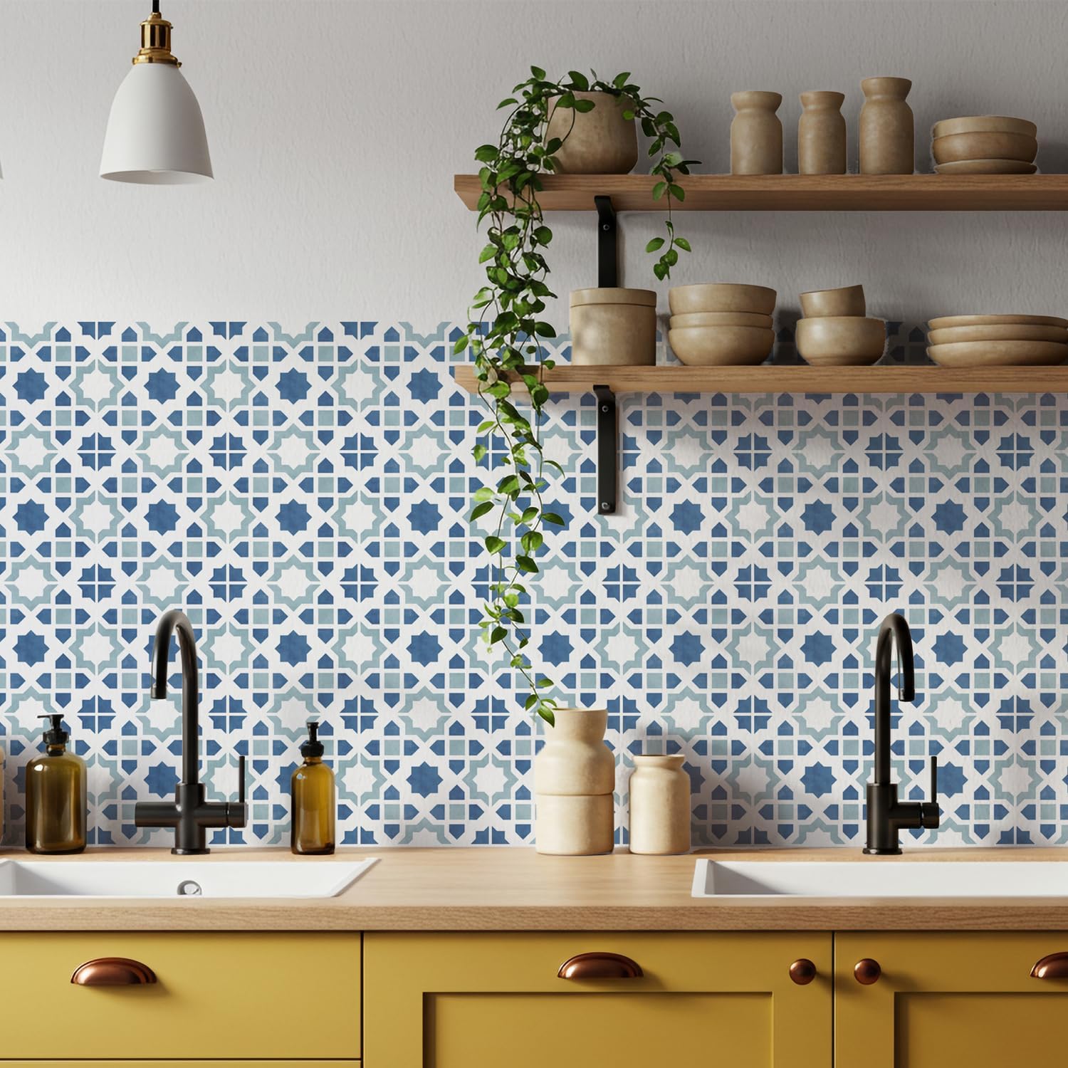 16 Pack, 5.9 Inch Modern Moroccan Tile Decals, Dusty Blue Geometric Peel and Stick Vinyl for Backsplash, Stairs & Furniture