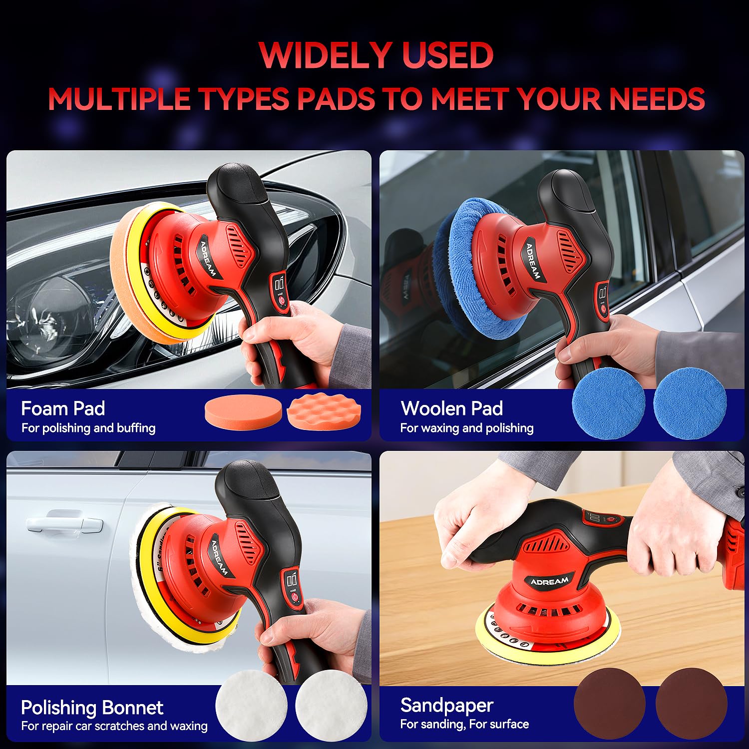 Pulidora inalámbrica para automóvil, pulidora de coche de 6 pulgadas con 2 baterías de litio de 21 V y 2000 mAh, 6 amortiguadores de velocidad variable con 24 accesorios para detalles/pulido/encerado
