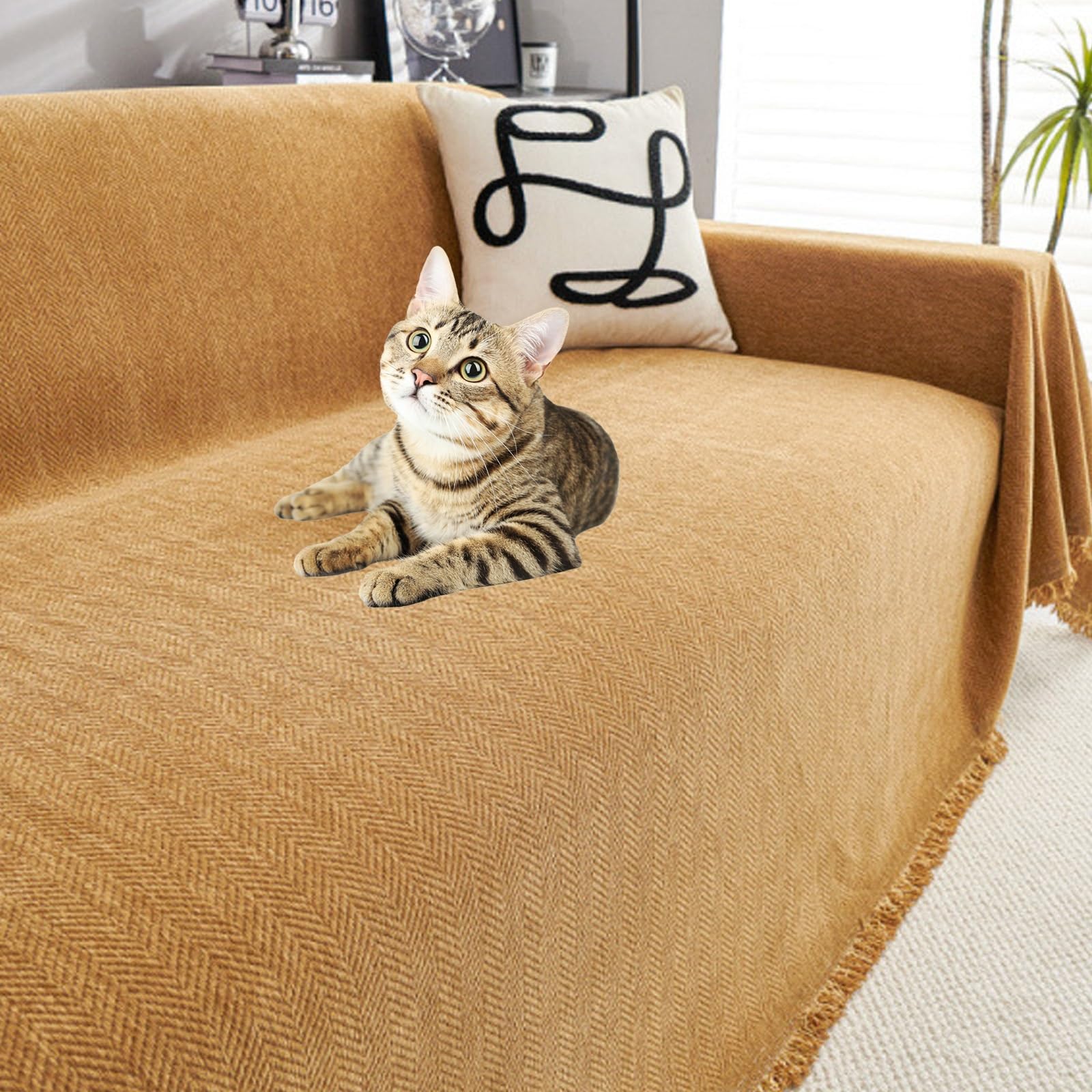 ZJEQZH Sofa Throws Large, Herringbone Sofa Throw, Autumn Blanket, Extra Large Throws for Settees, with Decorative Fringe, for Settees Couch and Armchairs(Light brown,180cm x 380cm)