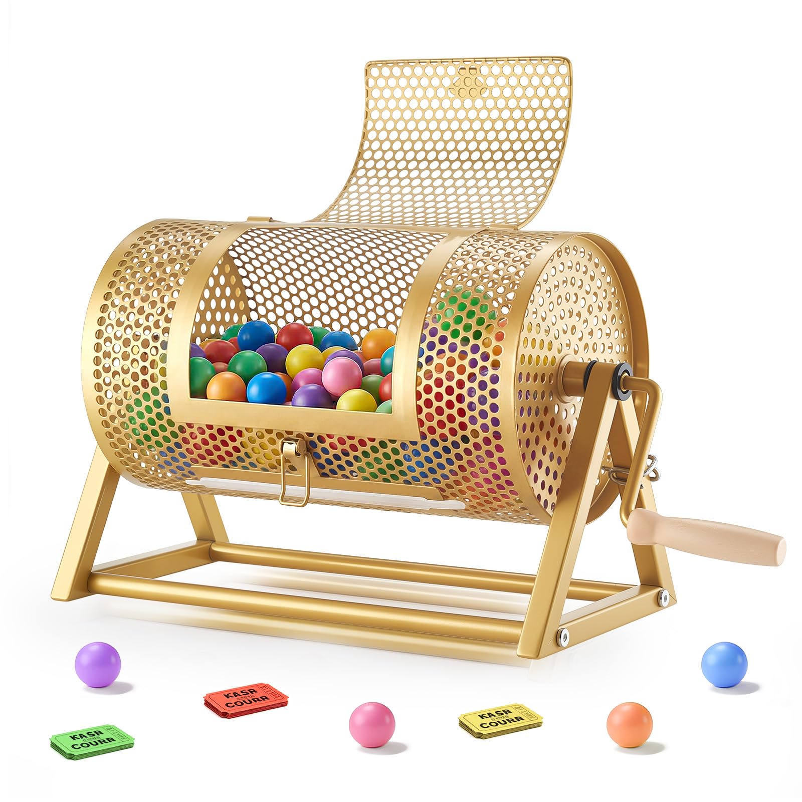 VEVOR Tambour de Tombola, 295x167 mm, Tambour de Loterie avec Poignée, Capacité de 100 Boules ou 2500 Tickets, Support Triangulaire, Boulier de Loto pour Événements, Fêtes, Couleur Or