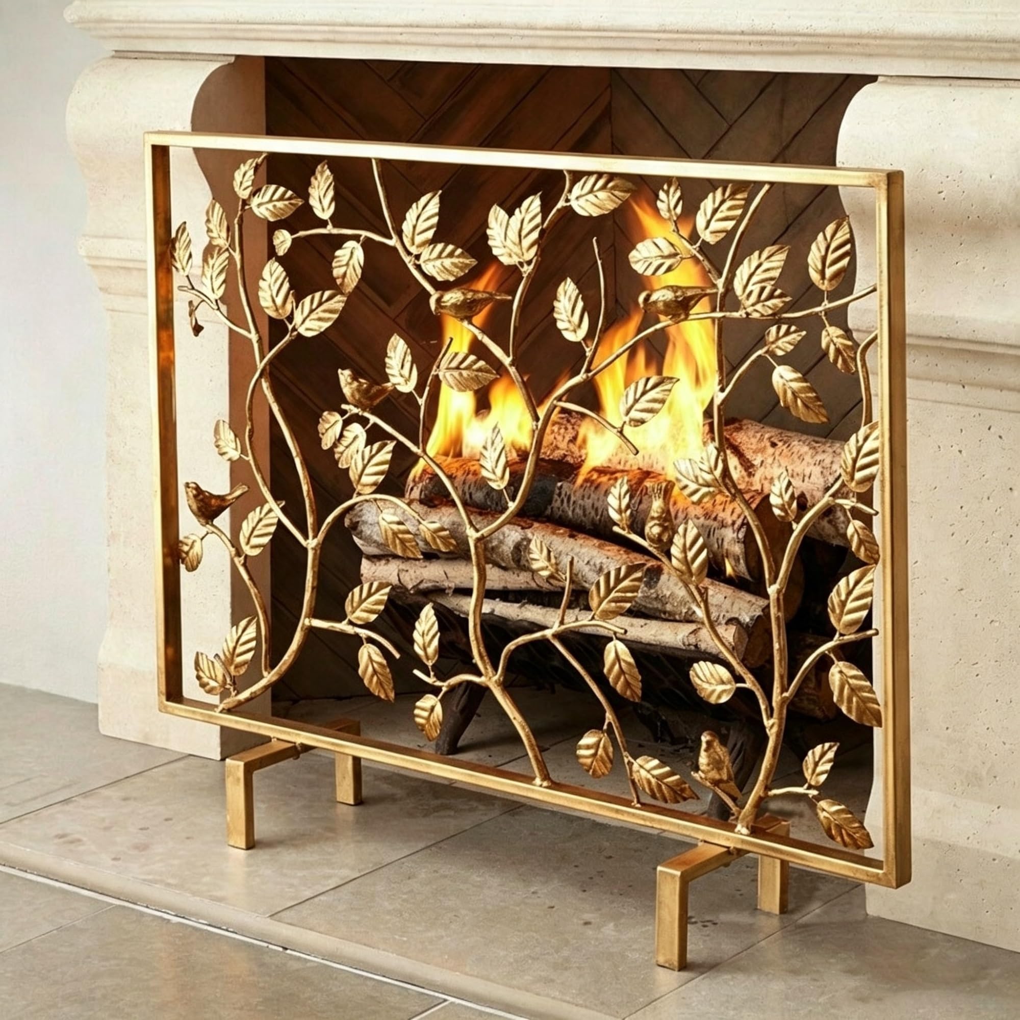 Parascintille Camino Dorato Con Motivo Foglie,parafuoco Rettangolare | Schermo Piatto In Rete Decorativa, Parascintille Stile Retrò, Per Soggiorno