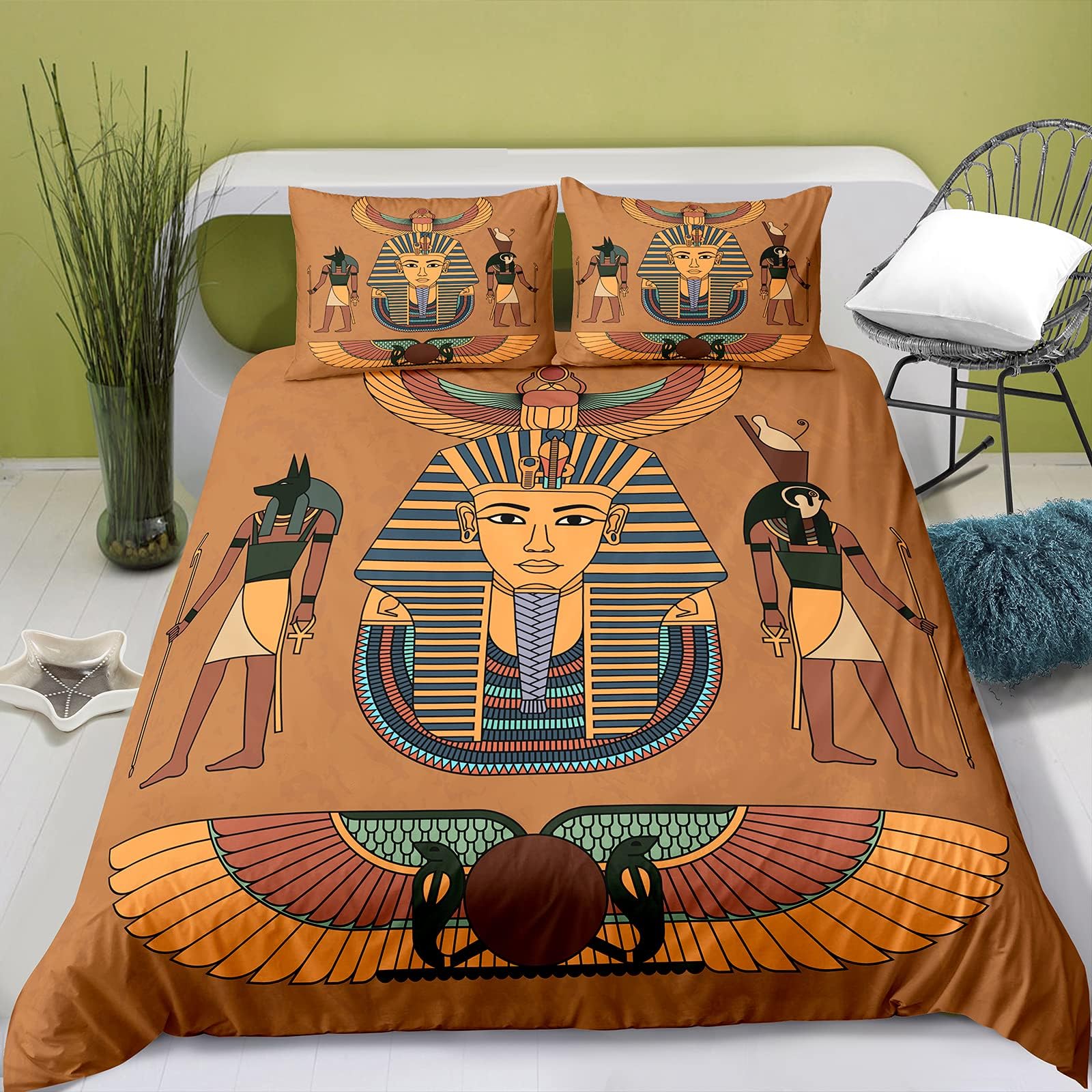 SunnyLisa Egyptian Print Bedding Set,Ancient Egypt Duvet Cover Set Brown Historical Empire Artwork Decorative Comforter Cover Pillow Shams,Single (135x200cm+1x50x75cm),Ancient Egypt 2