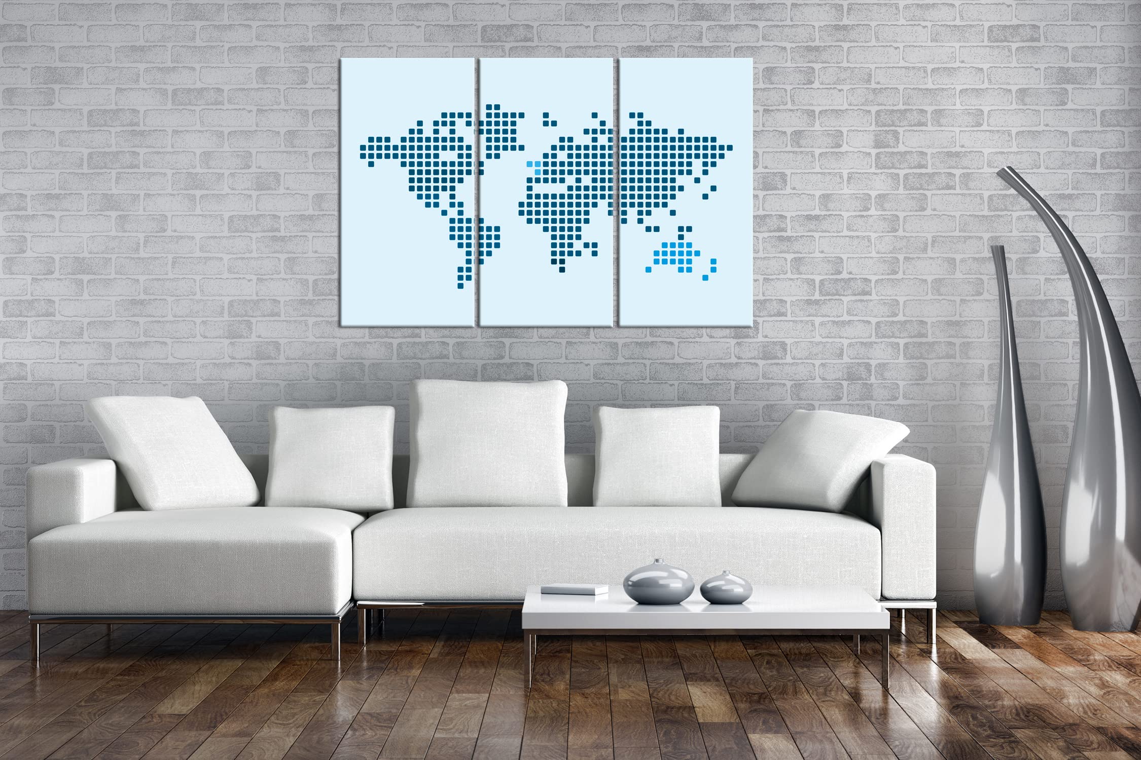 deyoli Carte du monde à pois - Format : 120 x 80 cm (3 pièces) - Impression numérique de qualité supérieure avec cadre en bois véritable