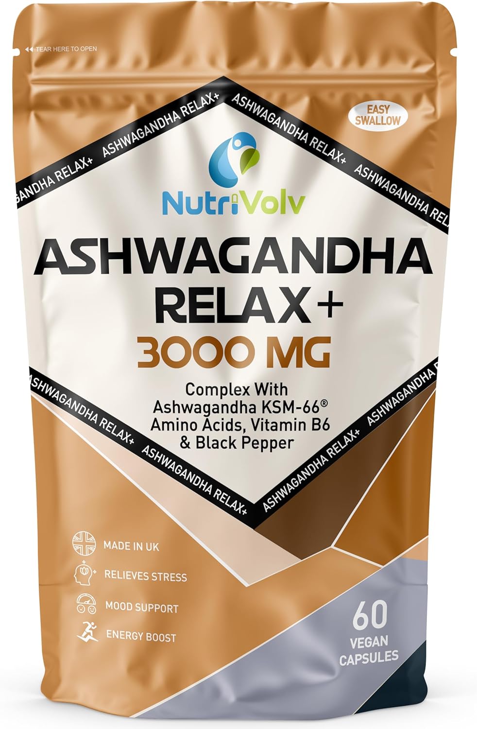 Ashwagandha KSM 66 Complex | 3000mg Enhanced with L-Theanine, L-Tryptophan, Vitamin B6 & Black Pepper | 2 Month Supply | 60 High Strength Capsules with 250mg Extract | UK Made | by NutriVolv