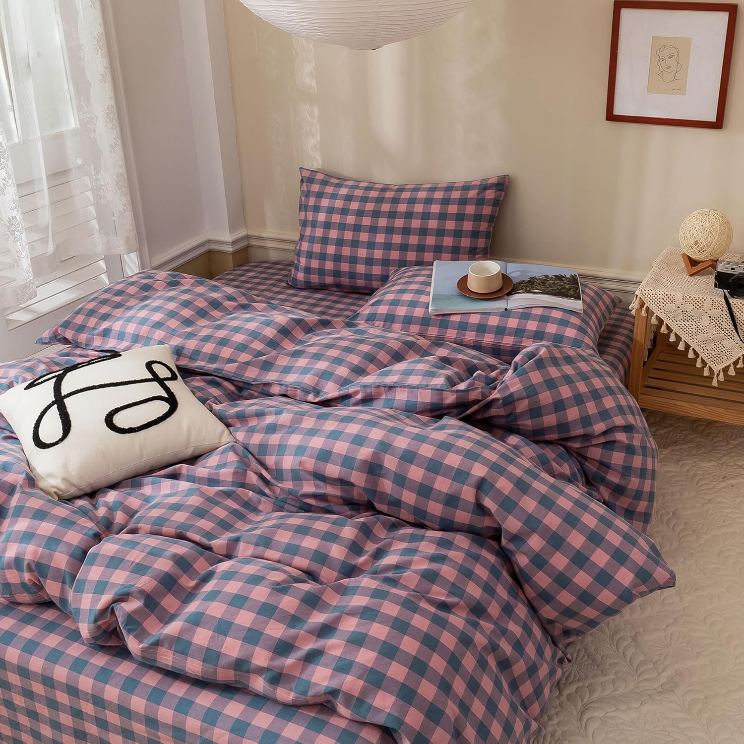 EAVD Modern Purple Pink Plaid Duvet Cover Queen Soft 100% Washed Cotton Reversible Grid Bedding Duvet Cover with 2 Pillowcases Geometric Simple Plaid Comforter Cover with Zipper Closure
