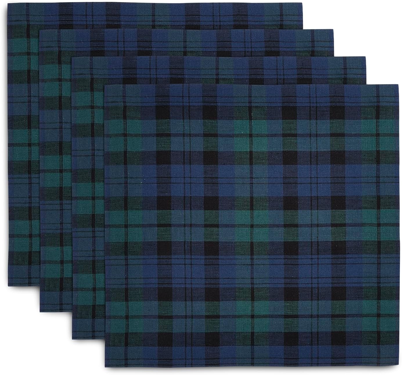 Solino Home Square Placemats Set of 4-100% Pure Linen Blackwatch Blue and Green Plaid Placemats 14 x 14 Inch - Handcrafted and Machine Washable