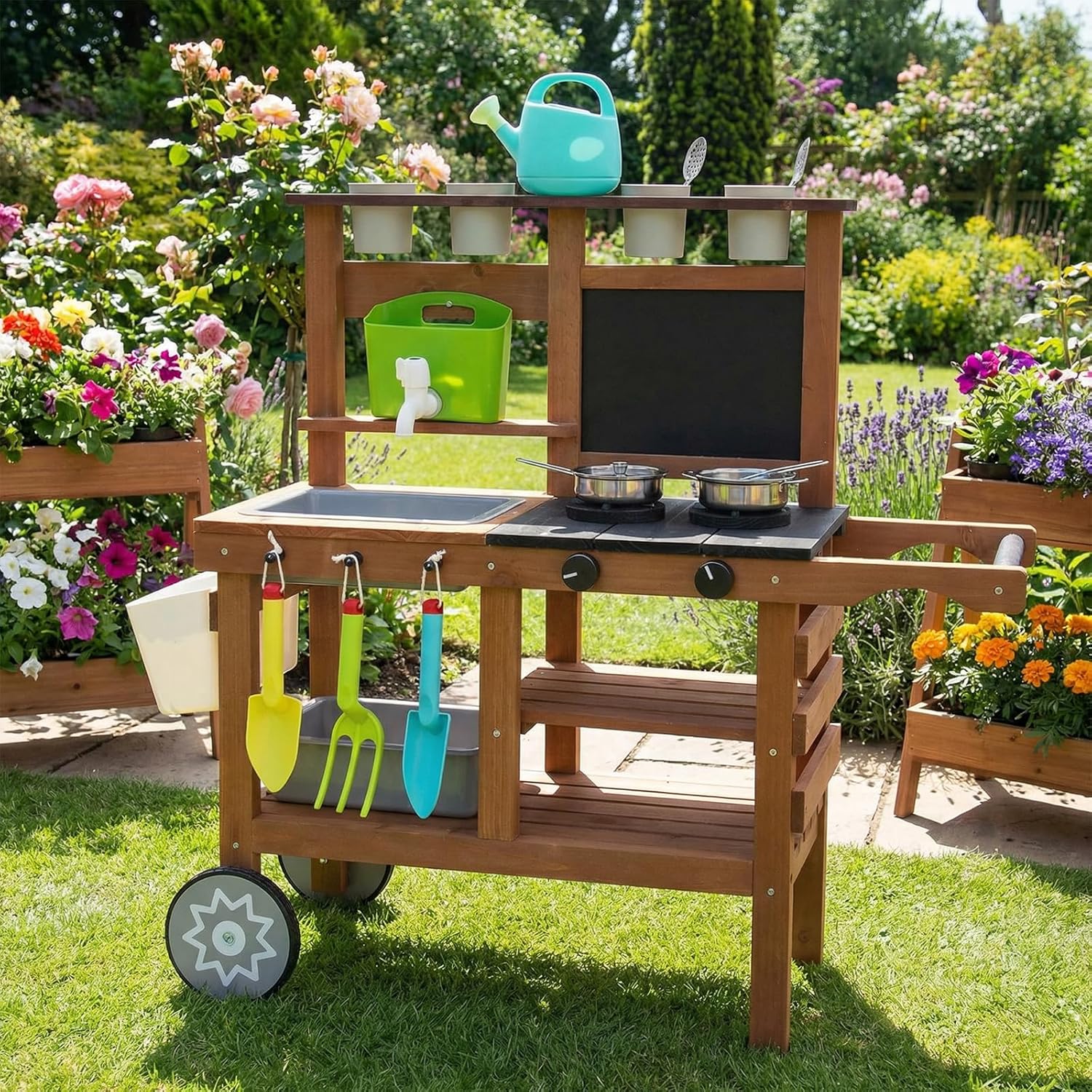 Outdoor Mud Kitchen for Kids, Wooden Play Kitchen Toy Playset with Kettle, Sink, Wooden Plant Container and Kitchen Accessories, Ideal for Toddlers Ages 3+