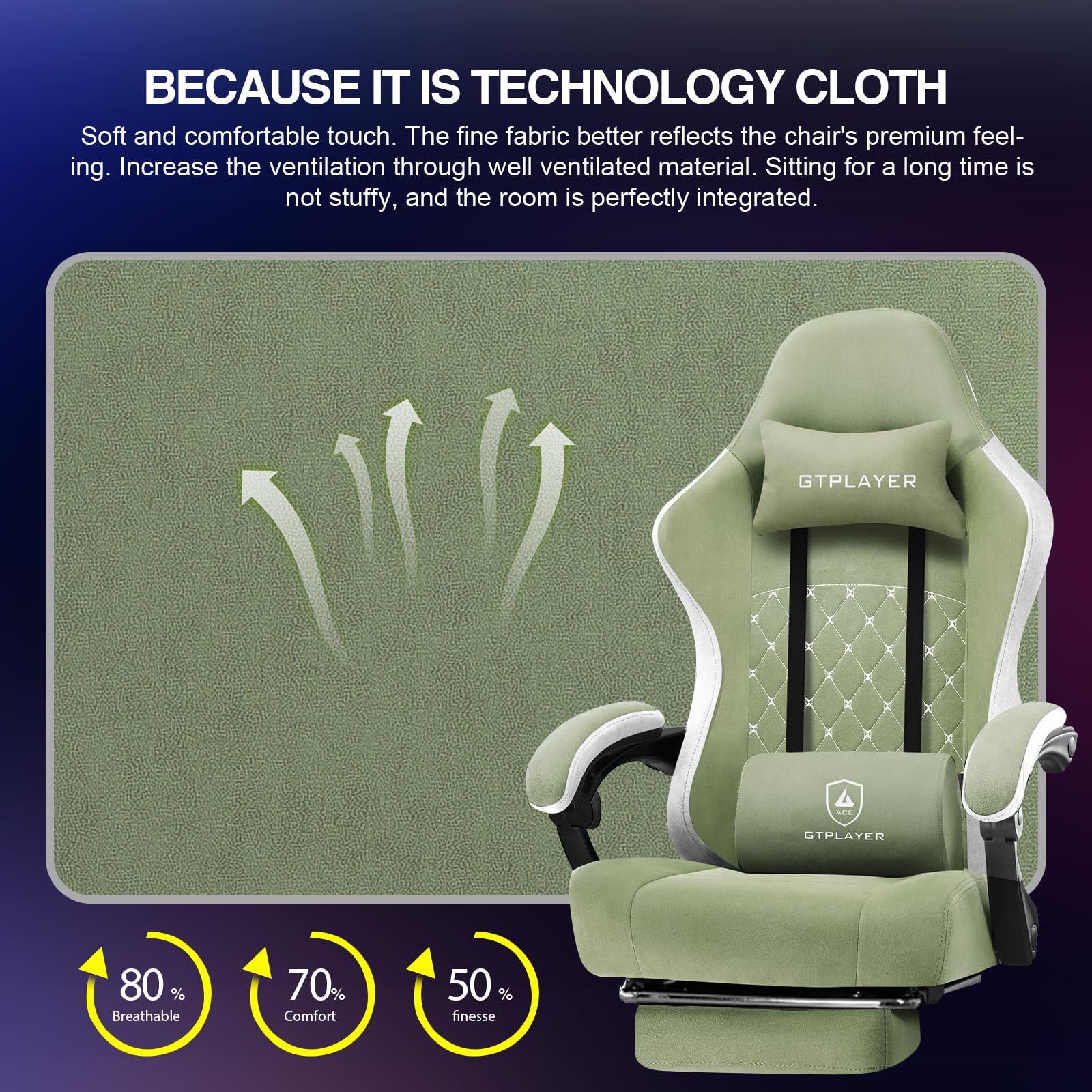 GTPLAYER Sedia da gaming, ergonomica, da scrivania, con superficie in tessuto, cuscino a molla, braccioli di collegamento e poggiapiedi, Verde