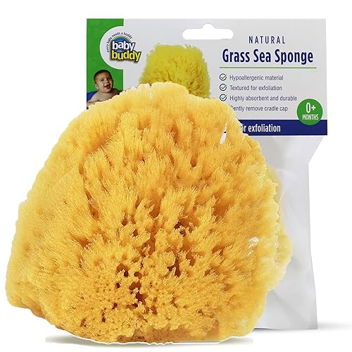 Baby Buddy Esponja de mar de hierba natural, esponja corporal texturizada para exfoliación, funciona para gorra de cuna, amarillo, 4 pulgadas, 1
