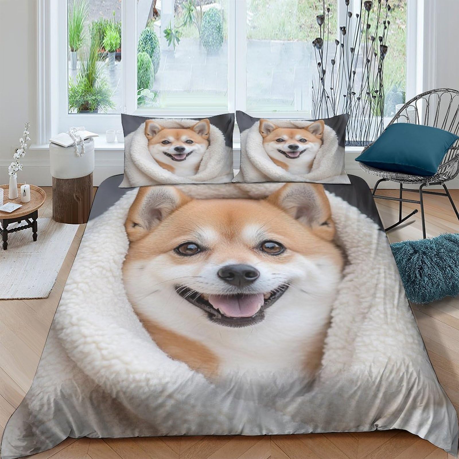 Ctjqhvkz Style-10 3D Printed Shiba Inu Dog Fitted Sheet Microfiber Soft Anti-Slip Cartoon Animal Bed Cover Bedroom Decor Single（135X200cm）
