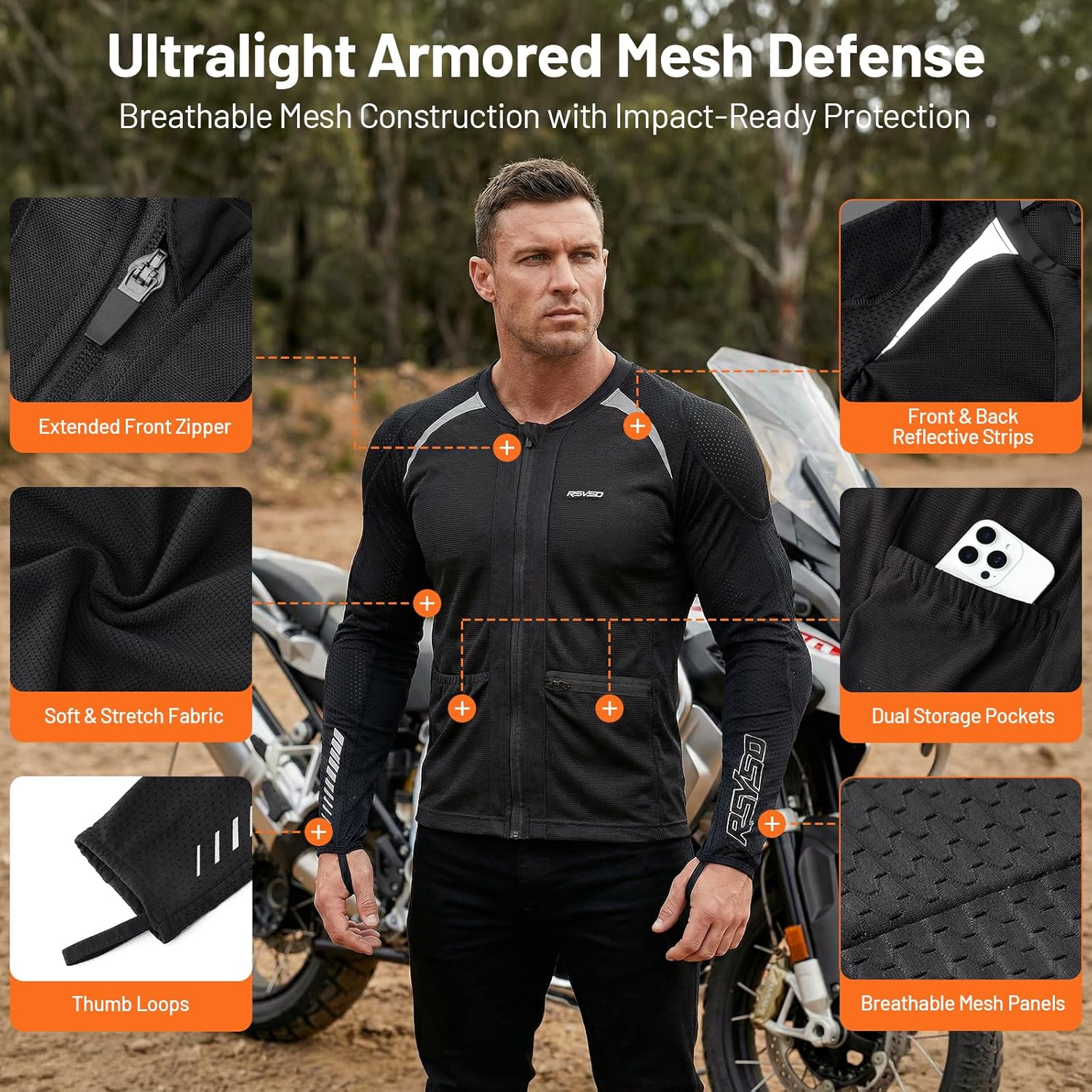 Men's Mesh Motorcycle Jacket with CE Certified Protective Armored Motorcycle Shirt with Reflective Strips, All Season Motorcycle Riding Shirt for Motorcycle Bicycle Scooter Riding Gear - Image 5