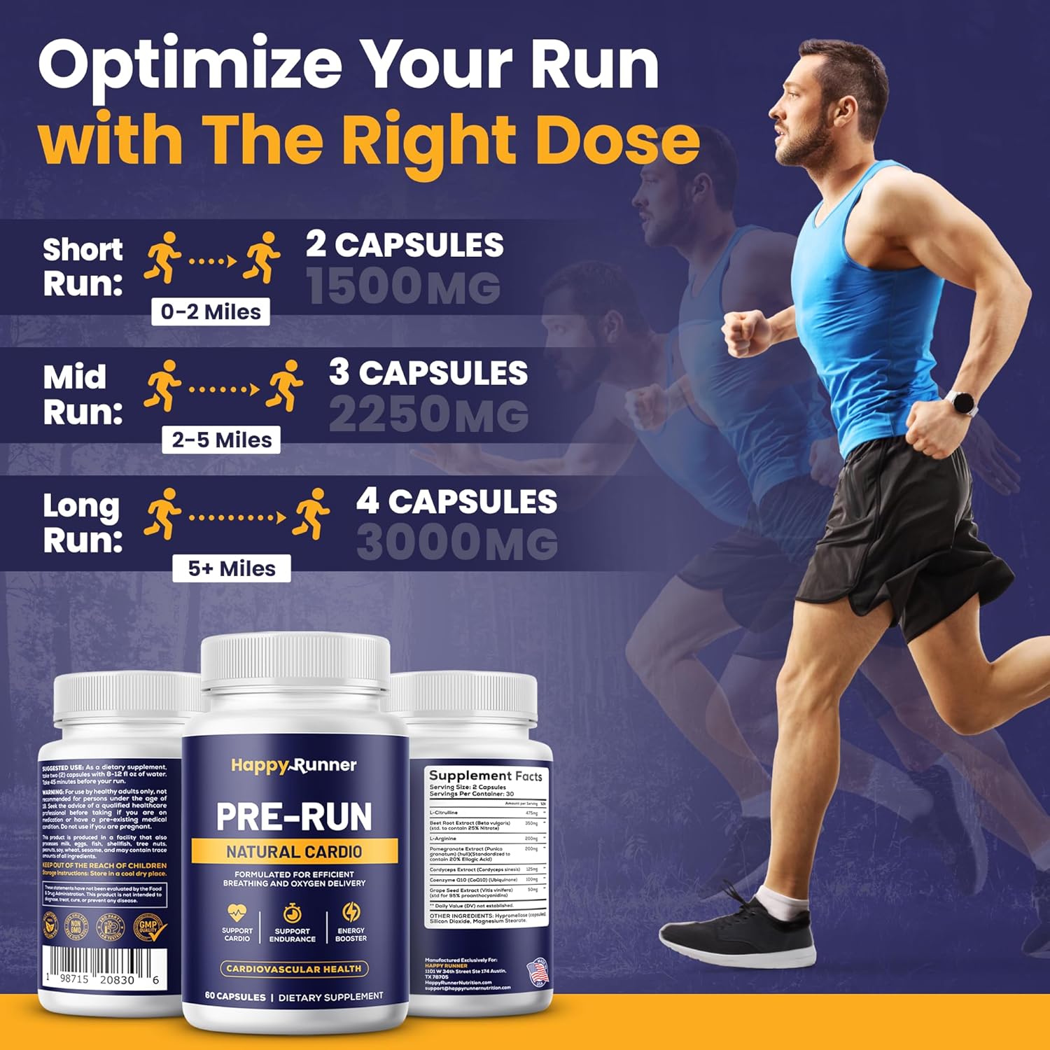 Happy Runner: Pre-Run - Enhances Breathing, Improved Oxygen Delivery, Respiratory Efficiency, Boosts Endurance, Nitric Oxide Booster, Improved Blood Flow, Running Supplements, Cardiovascular Health