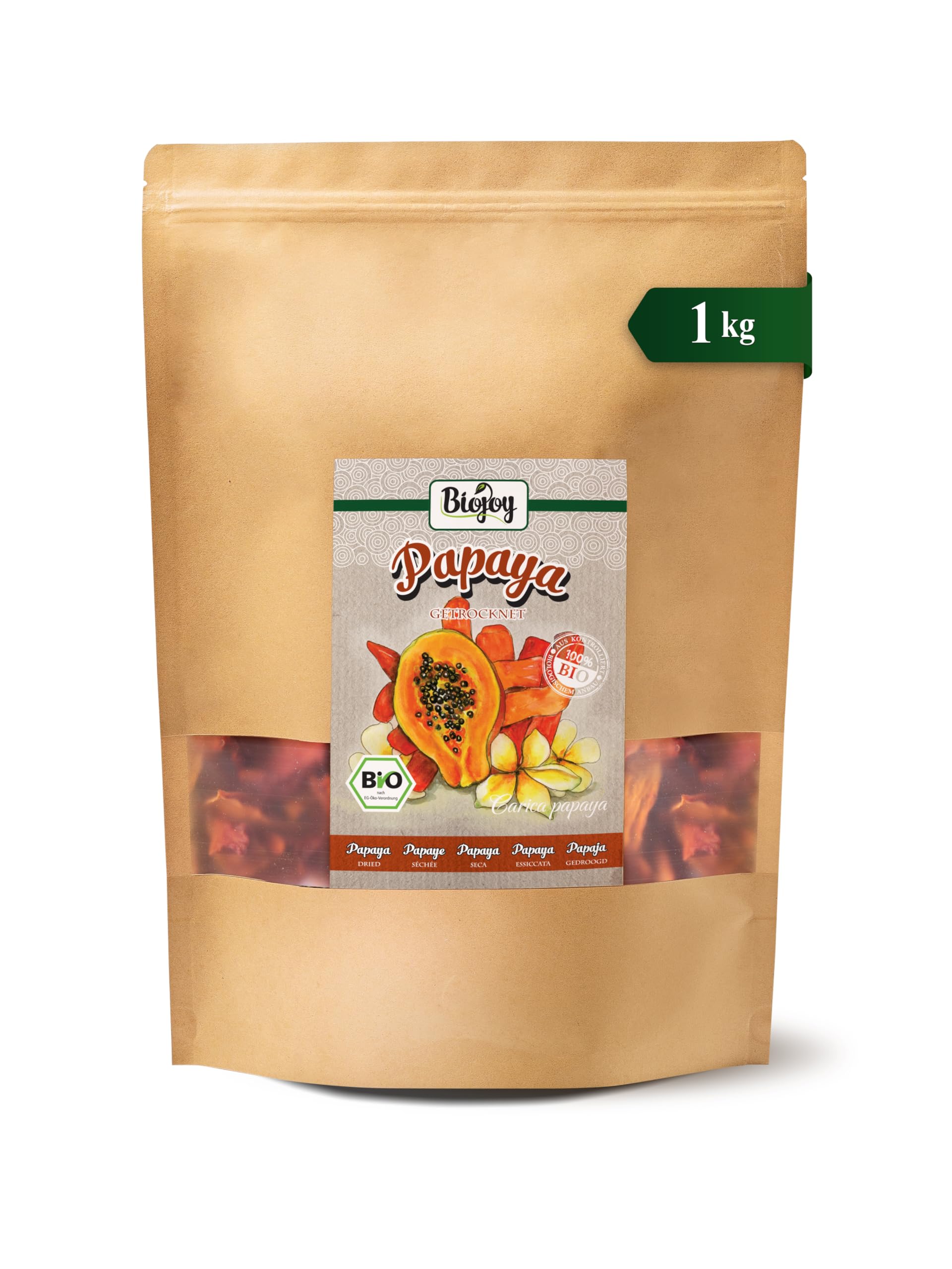 Biojoy Papaya seca BÍO (1 kg), Piezas enteras, sin azúcar añadido y sin azufre