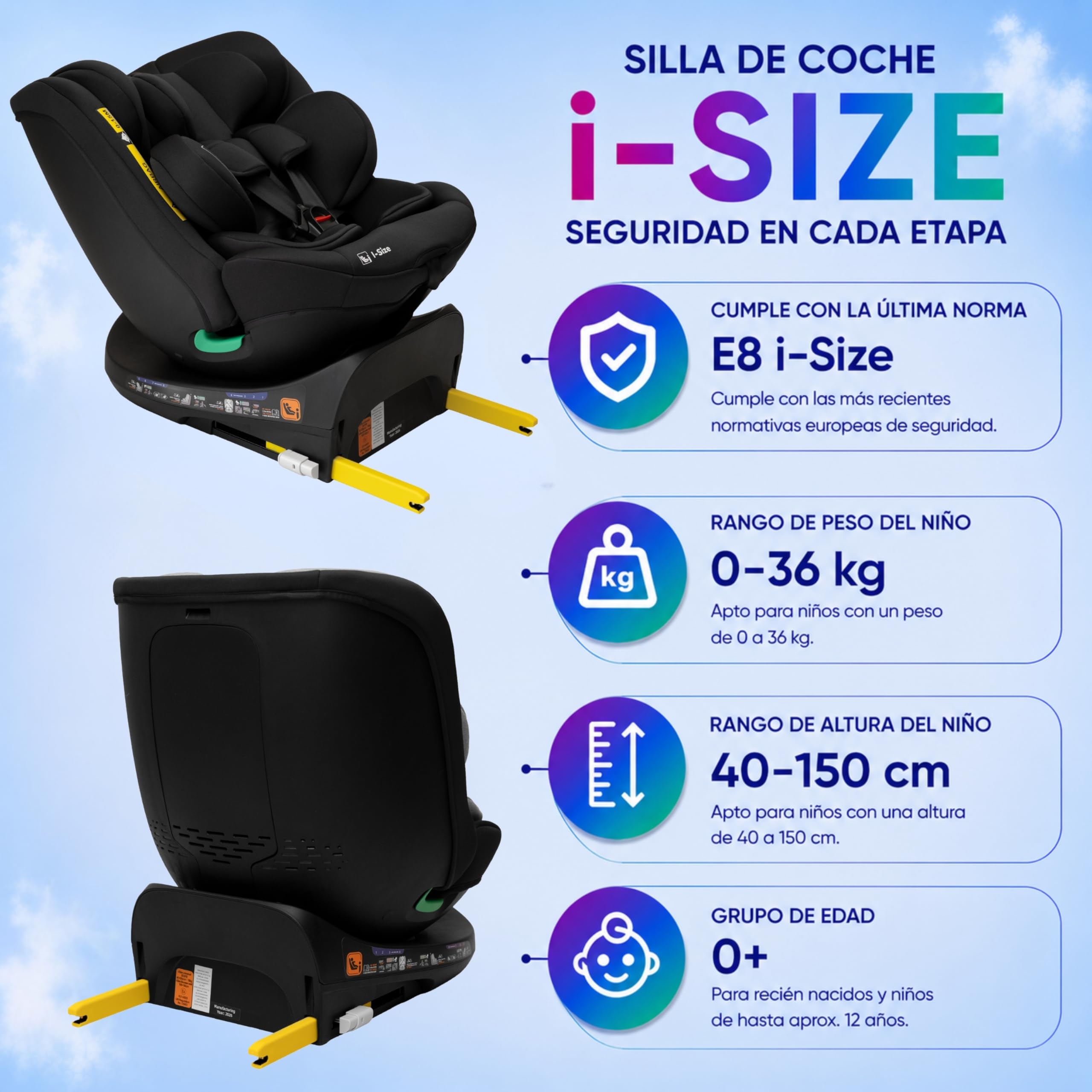 KidsZone Silla Coche Bebe Grupo 0 1 2 3 Isofix, Pata Apoyo - Silla de Coche 0-36 kg (40-150 cm i-Size) Giratoria 360º - 8 Posiciones Reclinación, 12 Posiciones Reposacabezas