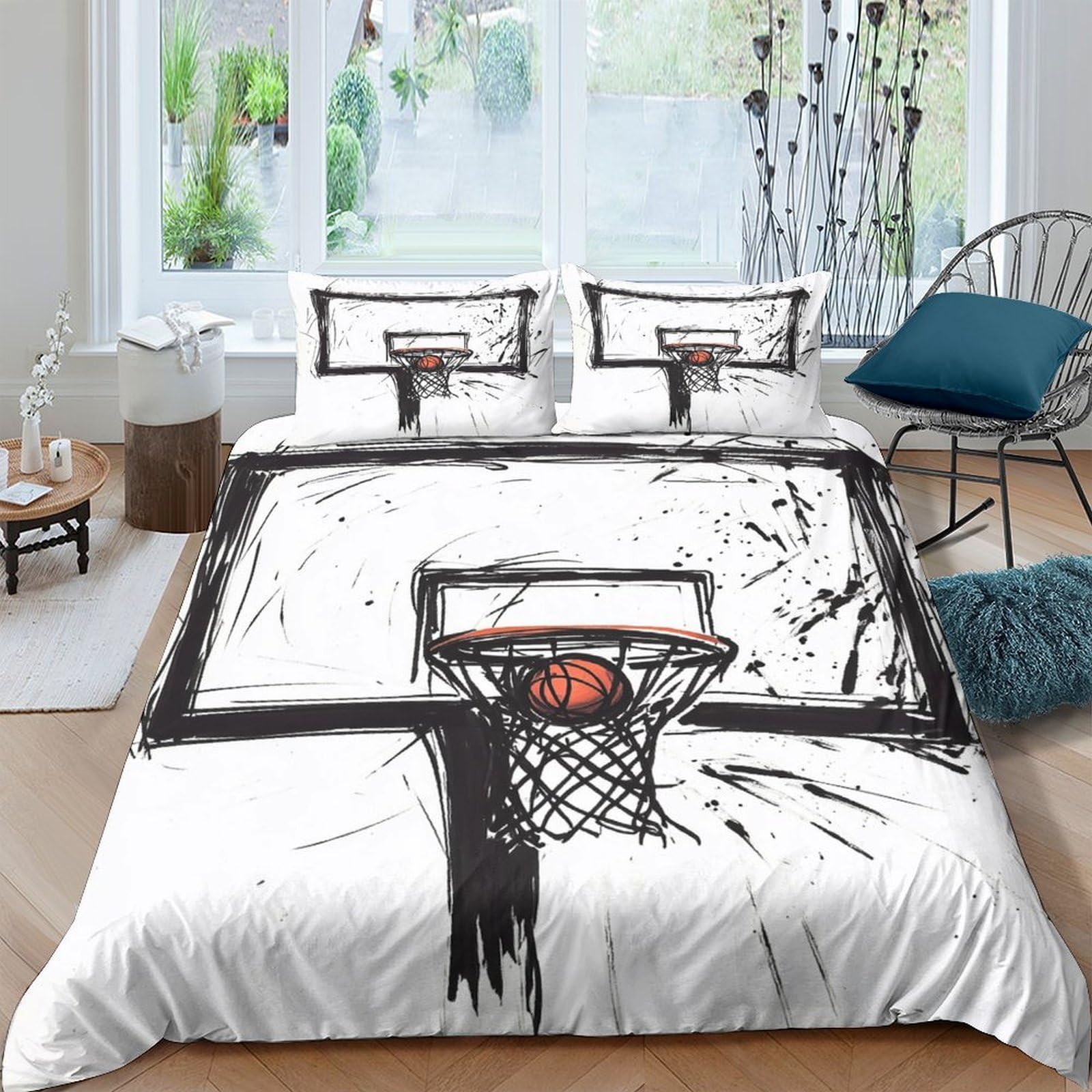 GPLZQXKJNH 3D Printed Basketball Hoop Duvet Cover Microfiber Soft Breathable Court Net Bedding Set with 2 Pillowcases for Bedroom Decor, Single（135x200cm）