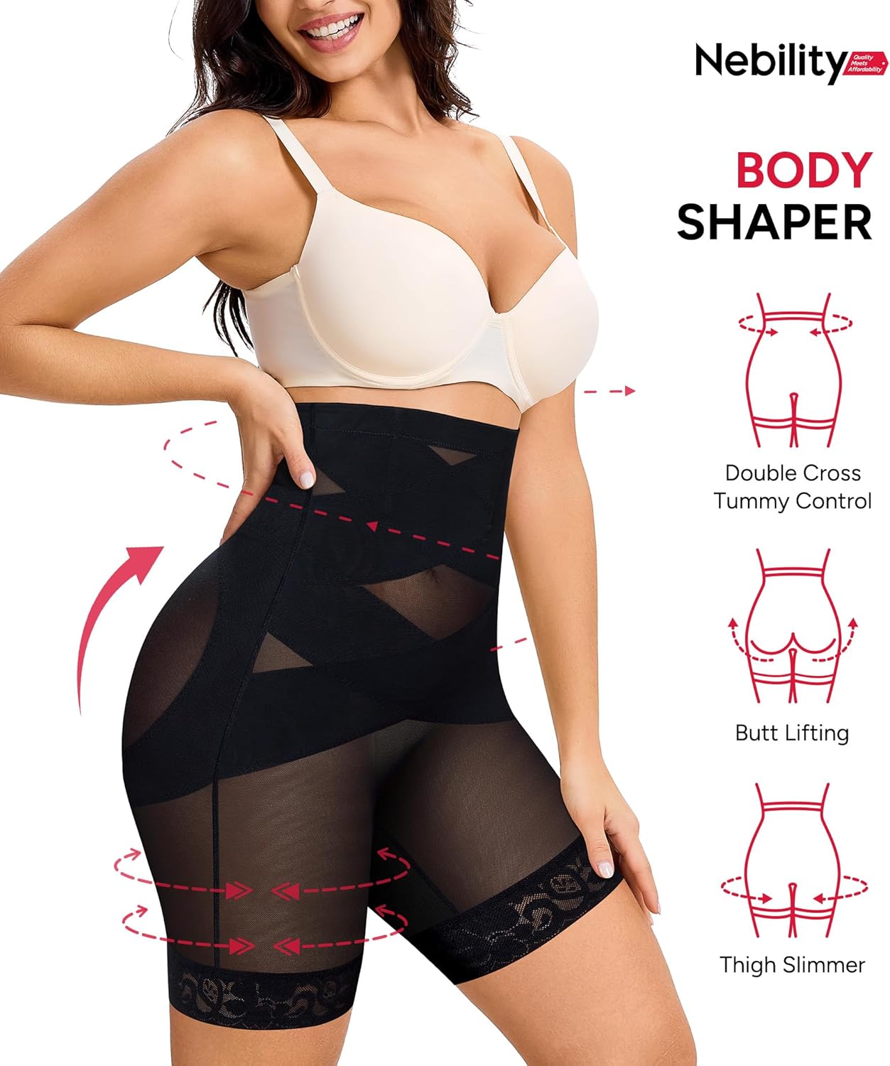 Nebility Tummy Control Shapewear Shorts High Waisted Body Shaper Butt Lifting Panties Thigh Slimmer Girdle - Image 2