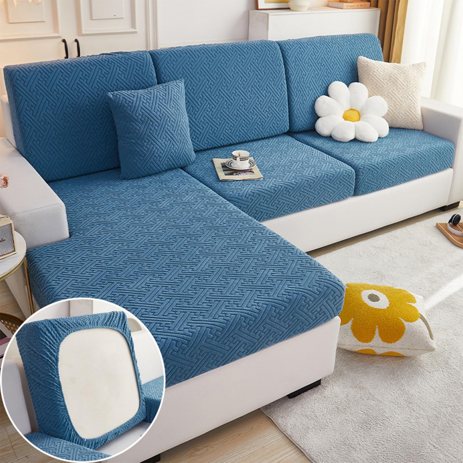 GYWZTJ L Shape Sofa Cover, 2 Seater Recliner Sofa Covers, Corner Sofa Cover of High-Density Jacquard Velvet, Waterproof Elastic Sofa Cover Combination（Leaf Stripes）（Blue, 2 Person Seat Cover）