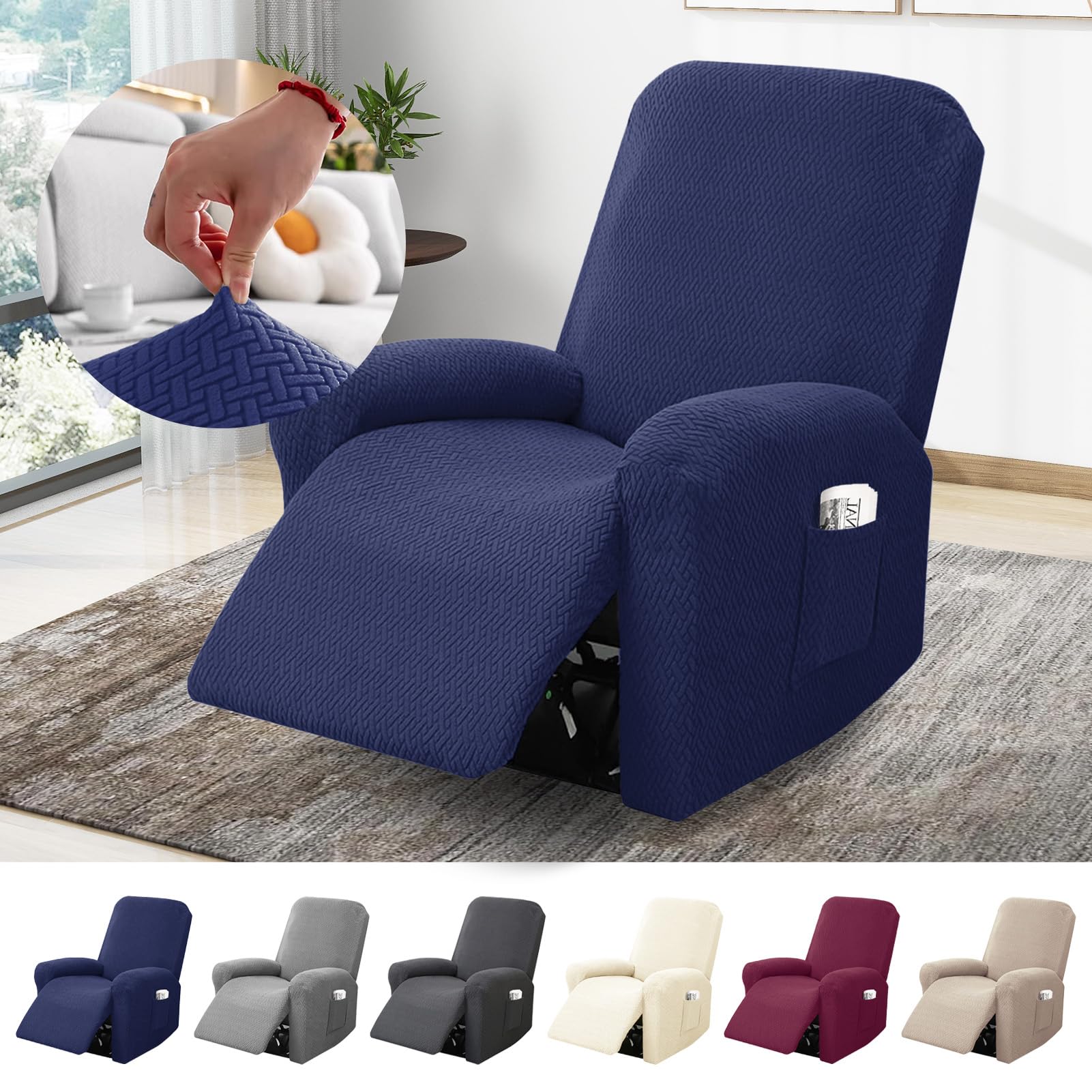 BOYIFEIJIE 1-Seater Recliner Chair Cover, All-Inclusive Striped Jacquard Armchair Slipcover with Pocket, Non-Slip Stretch Recliner Protector for Living Room Recliner Chair (Blue, 4-Pieces) โ image 1