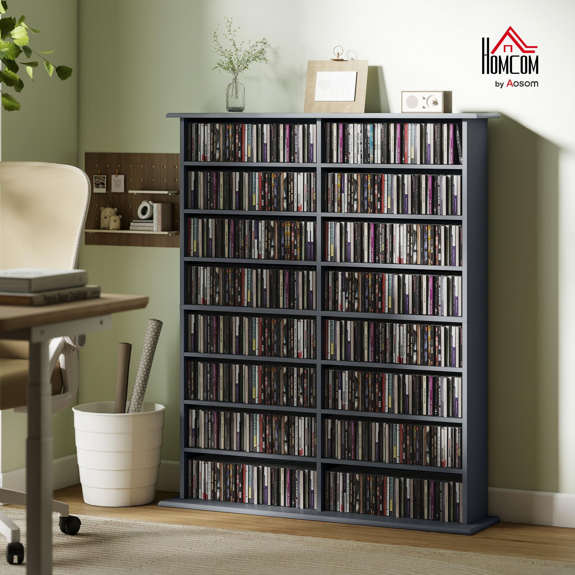 HOMCOM Portaoggetti per CD e DVD, con capacità max. 720 CD/396 DVD e Blu-Ray, 16 scomparti e 12 ripiani regolabili, per soggiorno, camera da letto, 106,5 x 24 x 126,3 cm, grigio